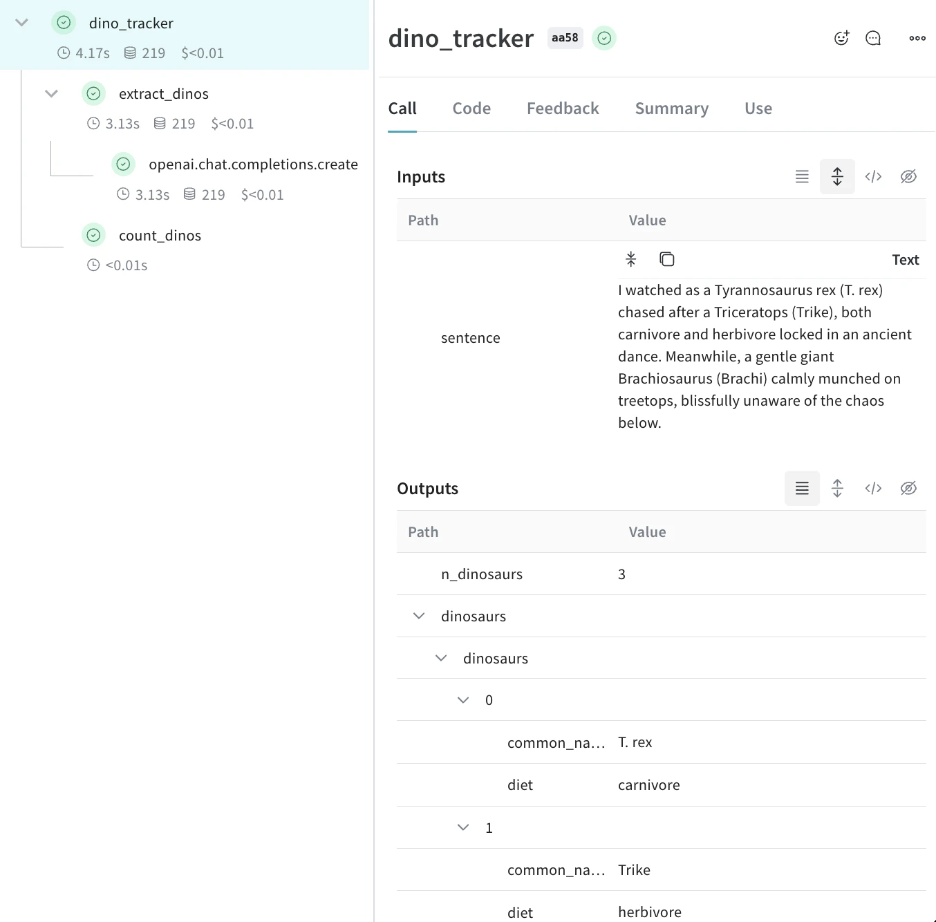中央のトレース ツリー パネルと、選択した Call の詳細パネルを示す、ネストされた Weave Traces ページ