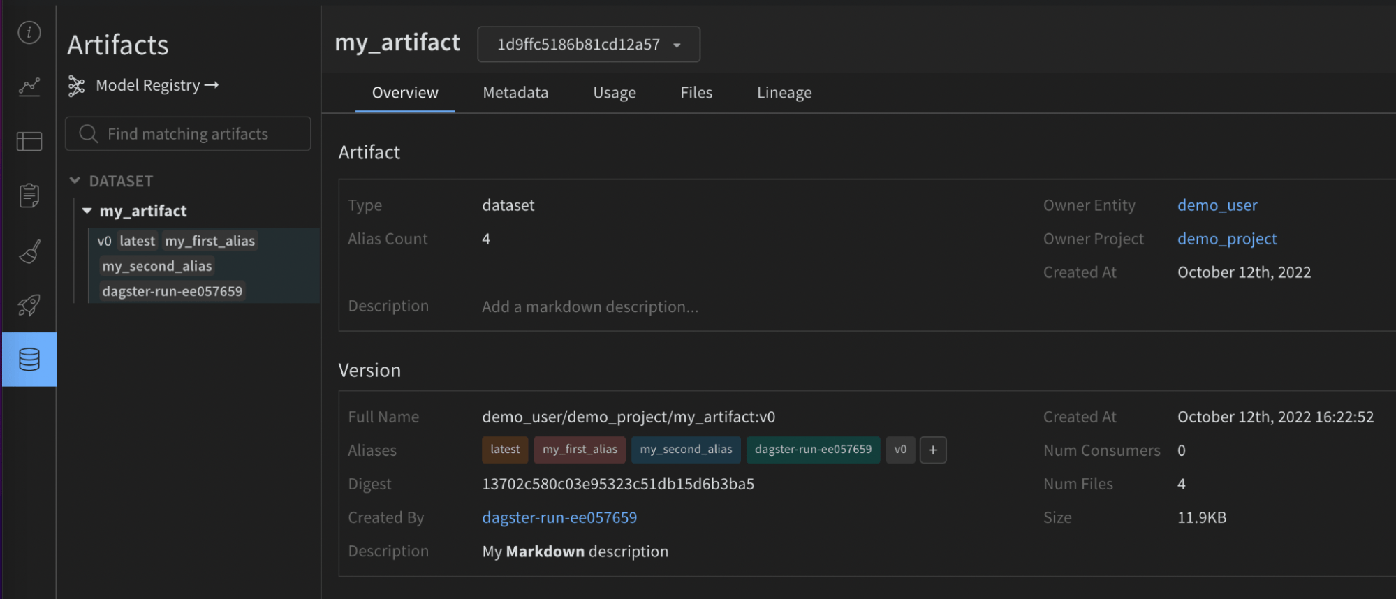 Dagster から拡張された設定メタデータを含む W&B Artifact ページ
