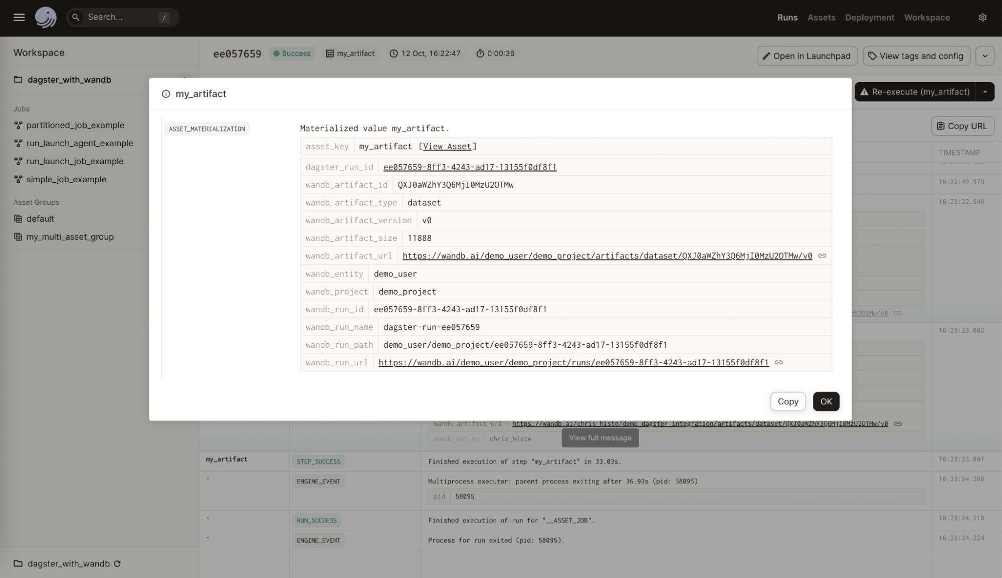 W&B メタデータが付加された アセット 詳細ビューを含む Dagster の UI。W&B プロジェクトと run への参照を含みます