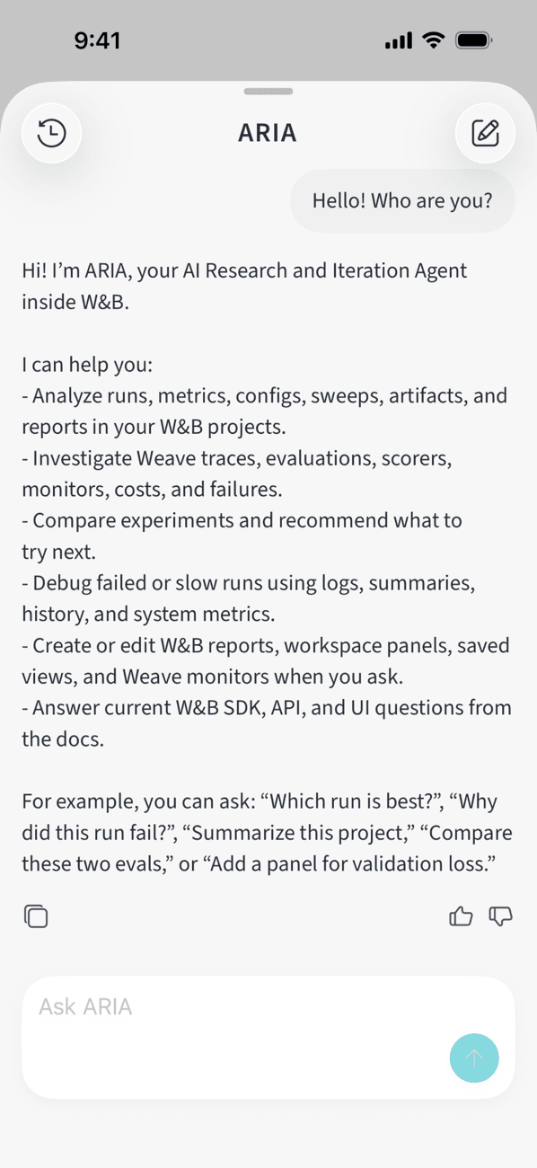ARIA tab and chat interface in the W&B iOS app