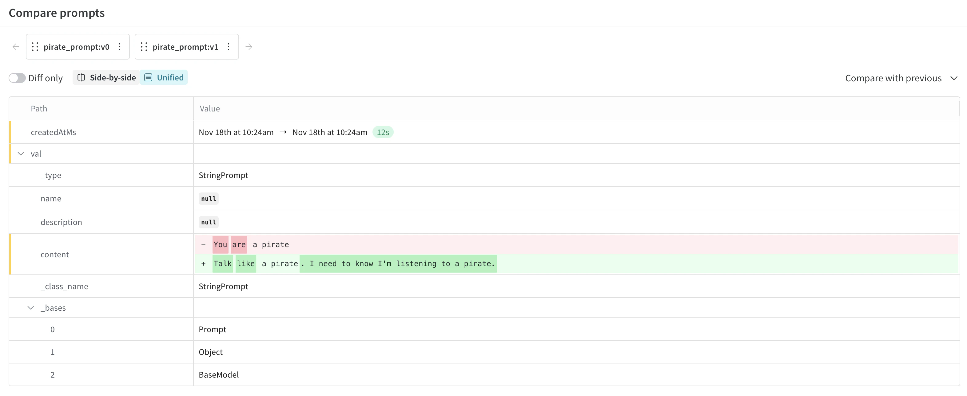 The Compare prompts UI showing a diff between two different prompt versions.