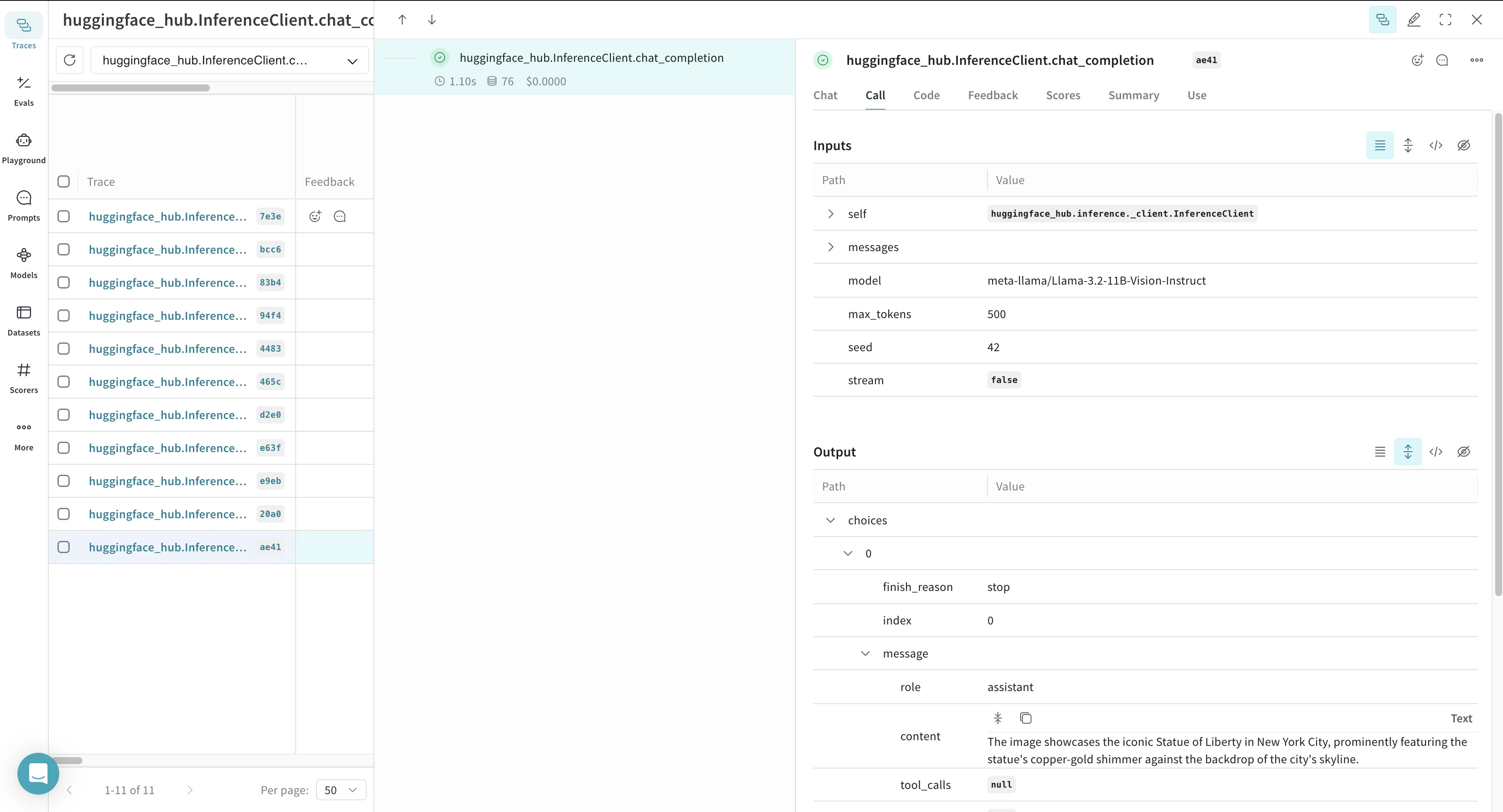 Weave logs each inference call, providing details about inputs, outputs, and metadata.