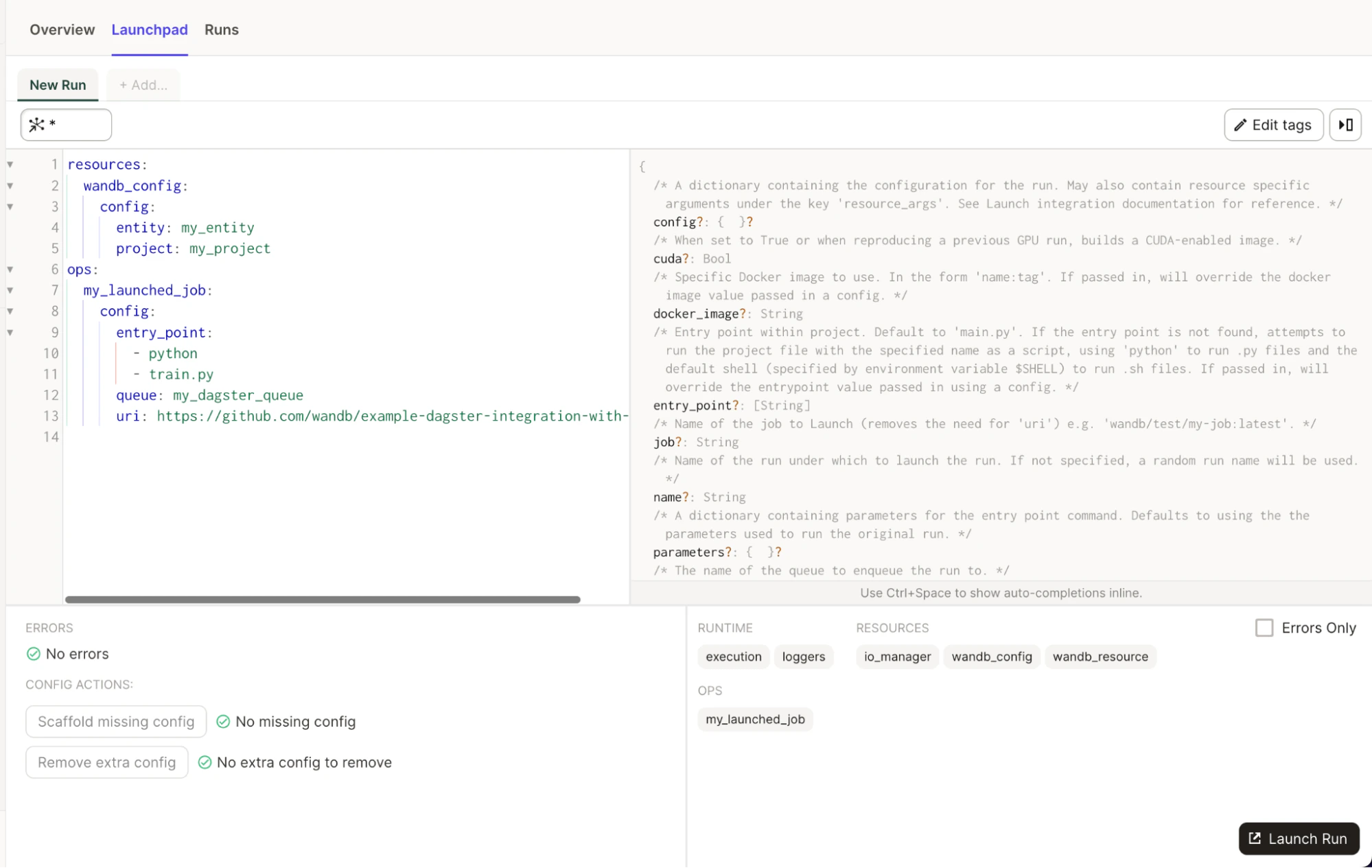 W&B Launchpad interface with agent configuration options and descriptions for Dagster integration