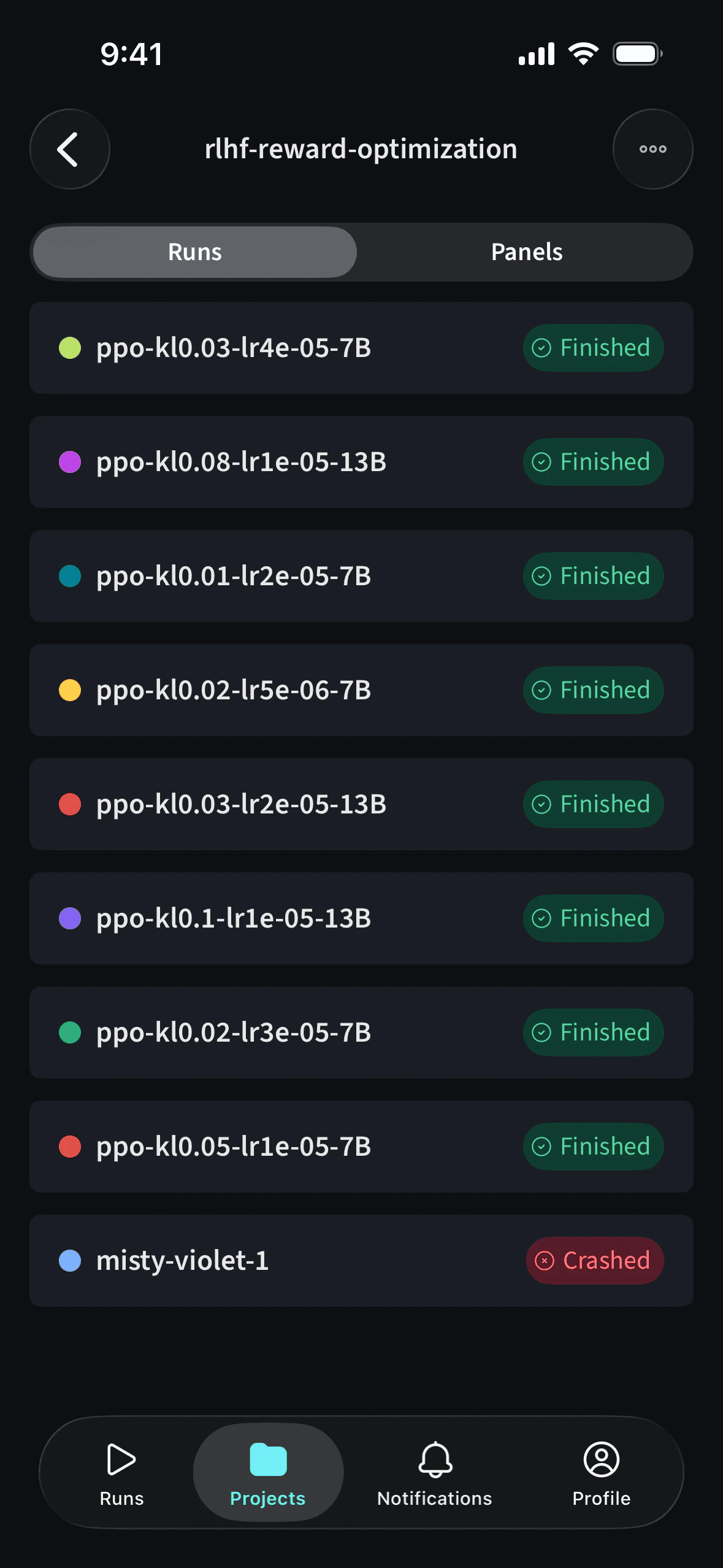 W&B mobile app runs list for a project