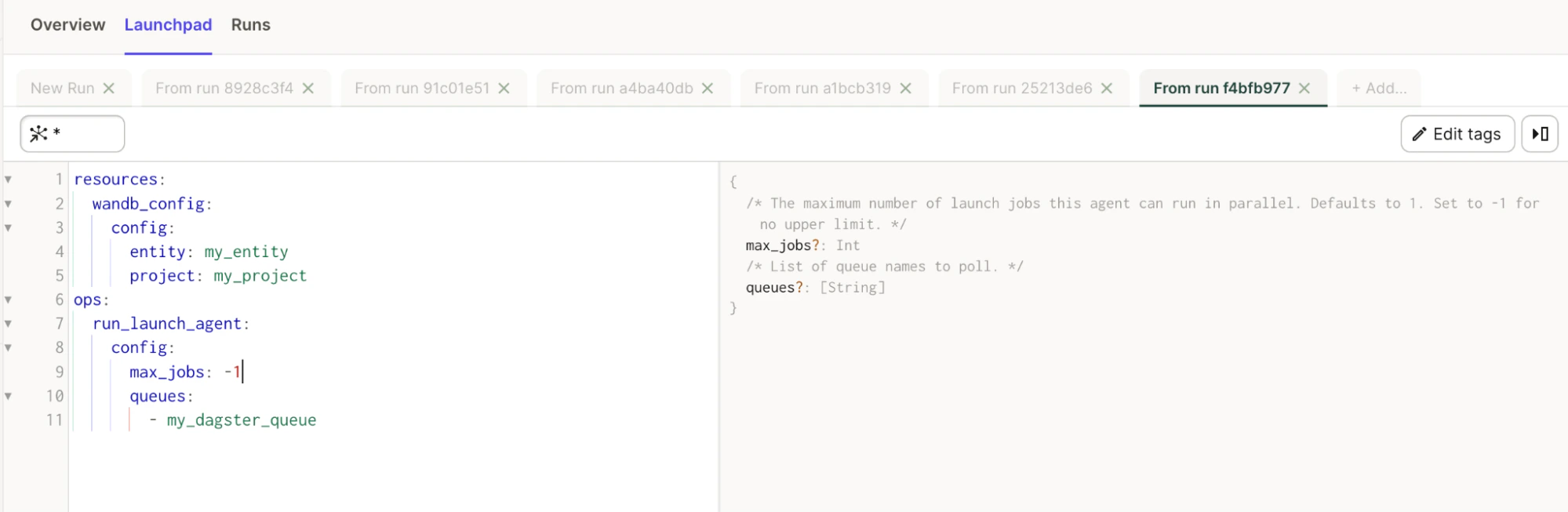 Interface W&B Launchpad avec des options de configuration des jobs et des descriptions pour l’intégration Dagster