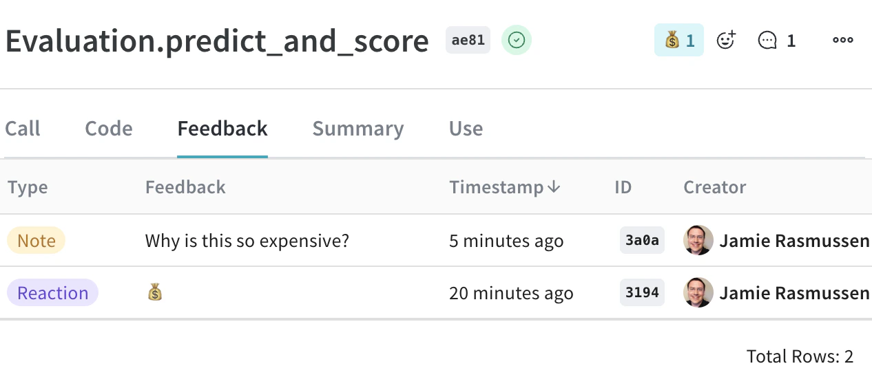 Screenshot of Feedback tab in Call details