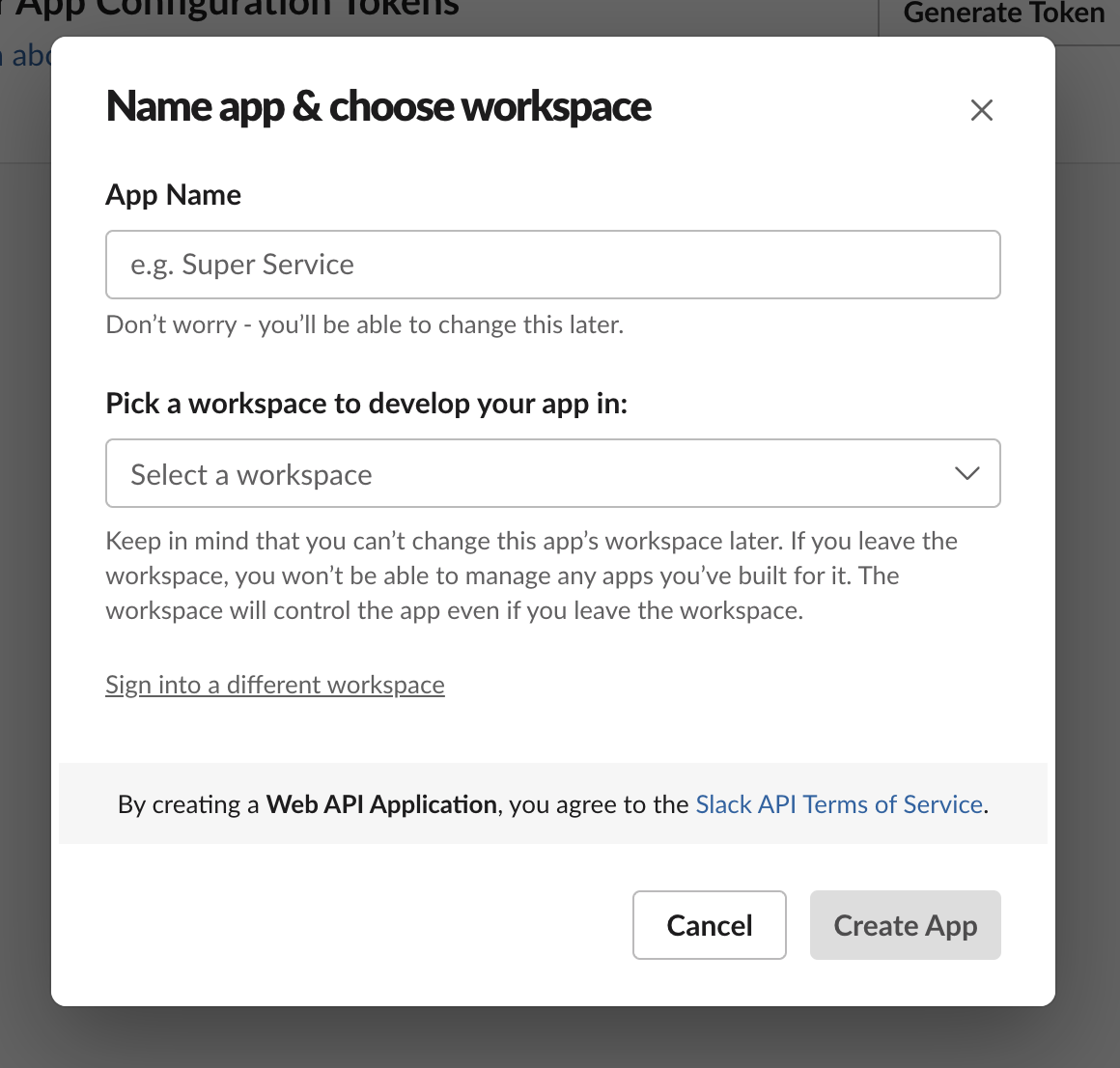 App name and workspace selection