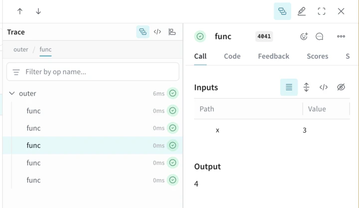 outer の1つの親 Call と5つのネストされた子 Call を示す Trace UI
