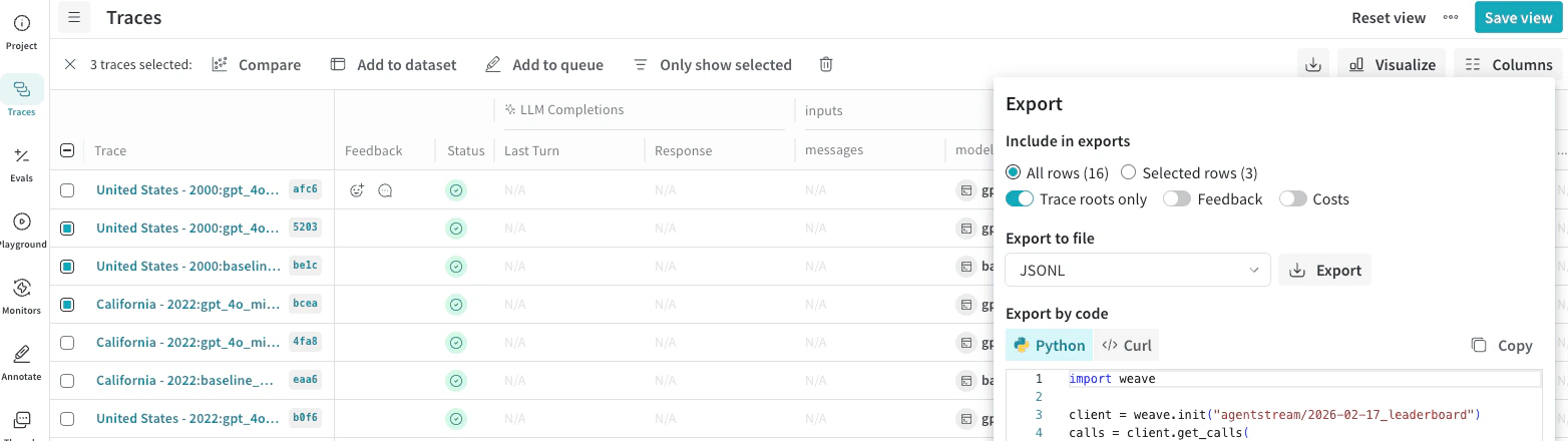 Traces page showing selected Calls ready for export in the Export modal.