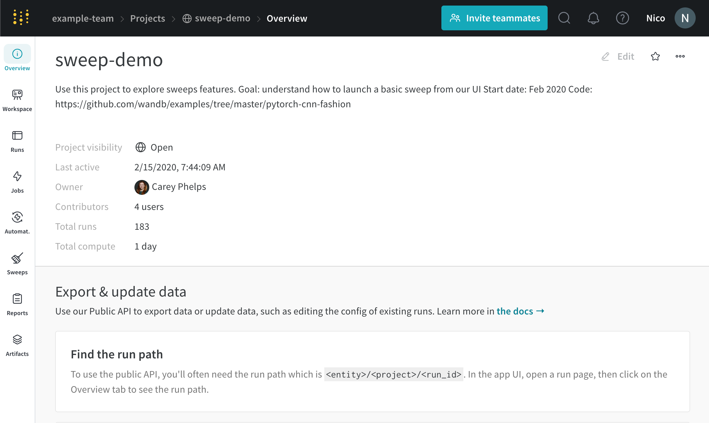Project overview tab