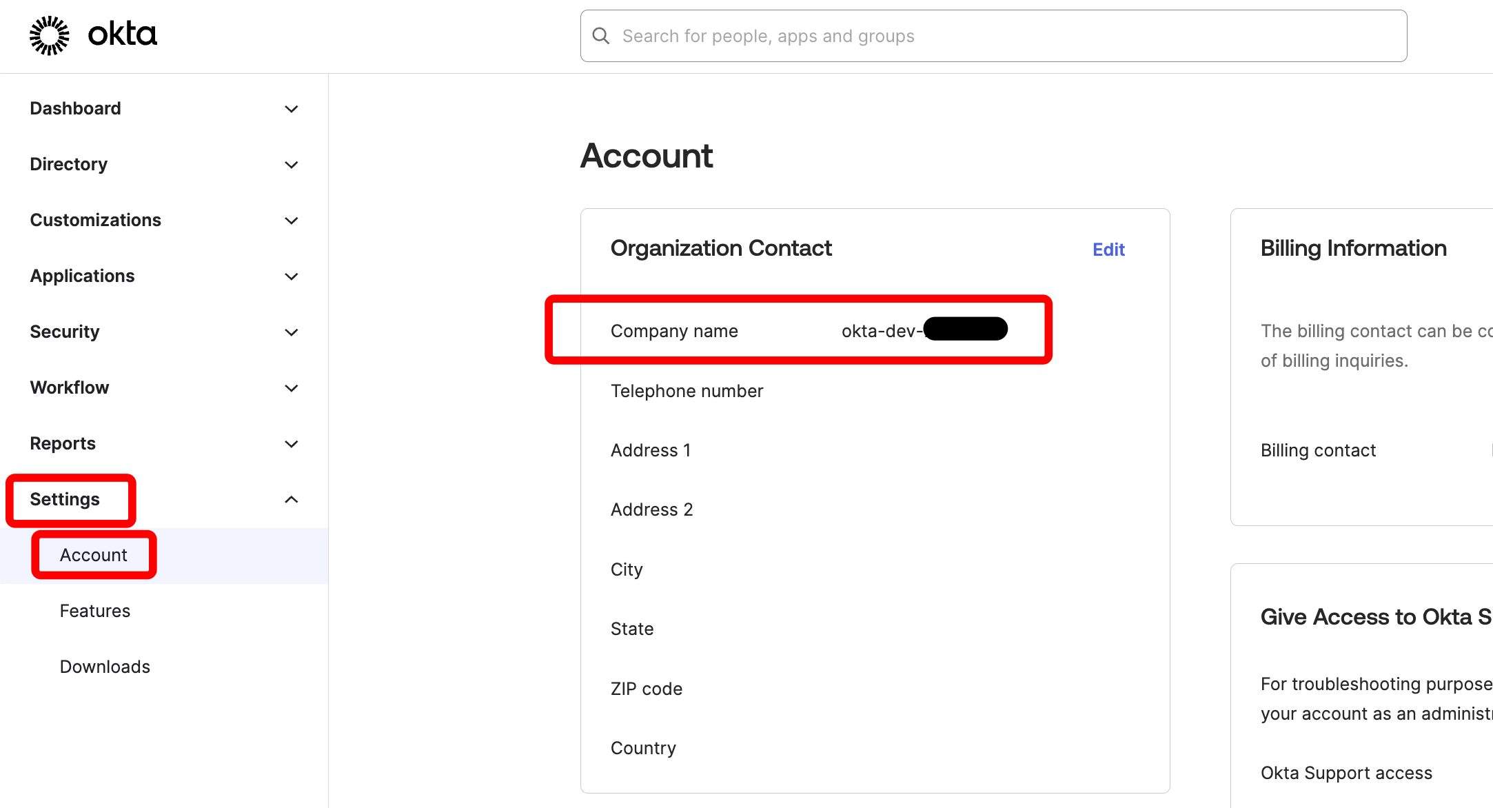 Okta organization settings