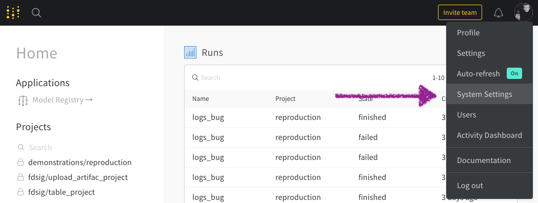 System Settings 드롭다운