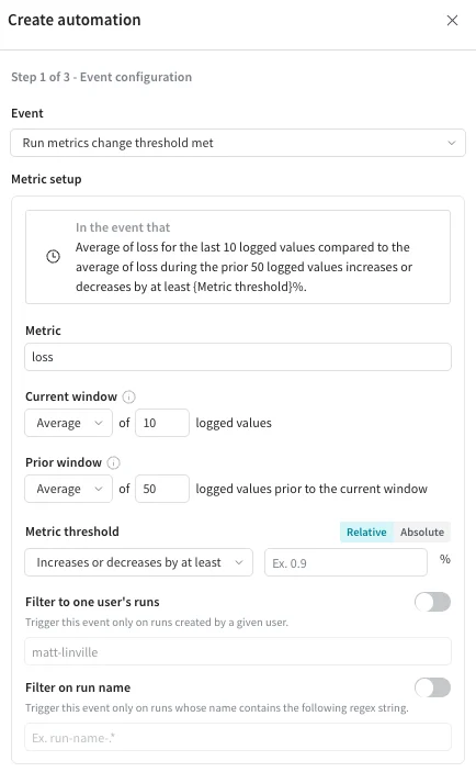 Capture d’écran montrant une automatisation de seuil de variation des métriques de run
