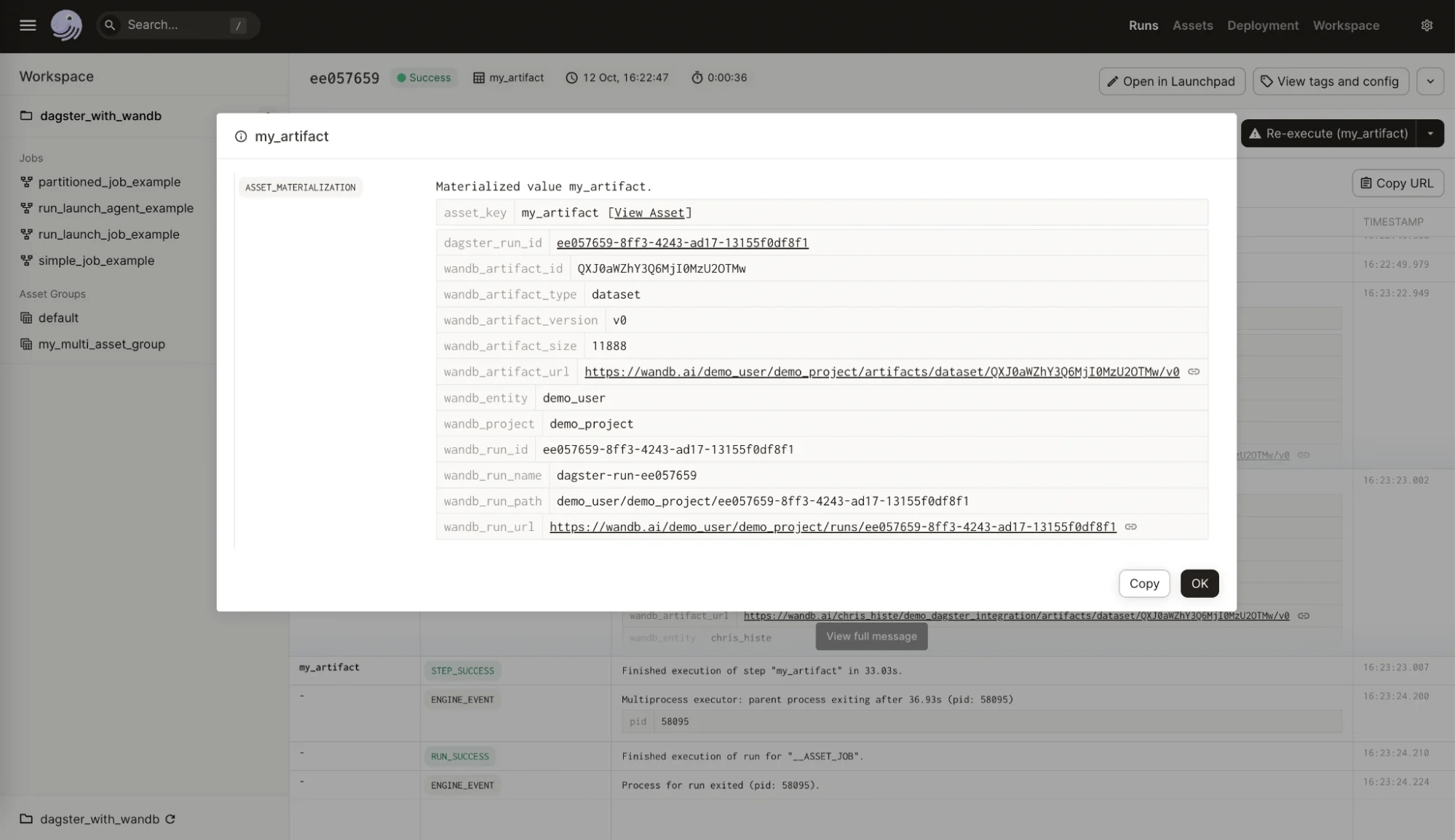 Dagster's UI with an asset details view with attached W&B metadata, including references to a W&B project and run
