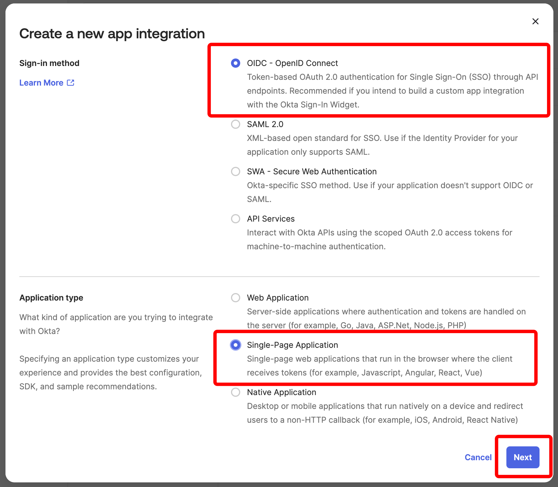 OIDC Single-Page Application selection