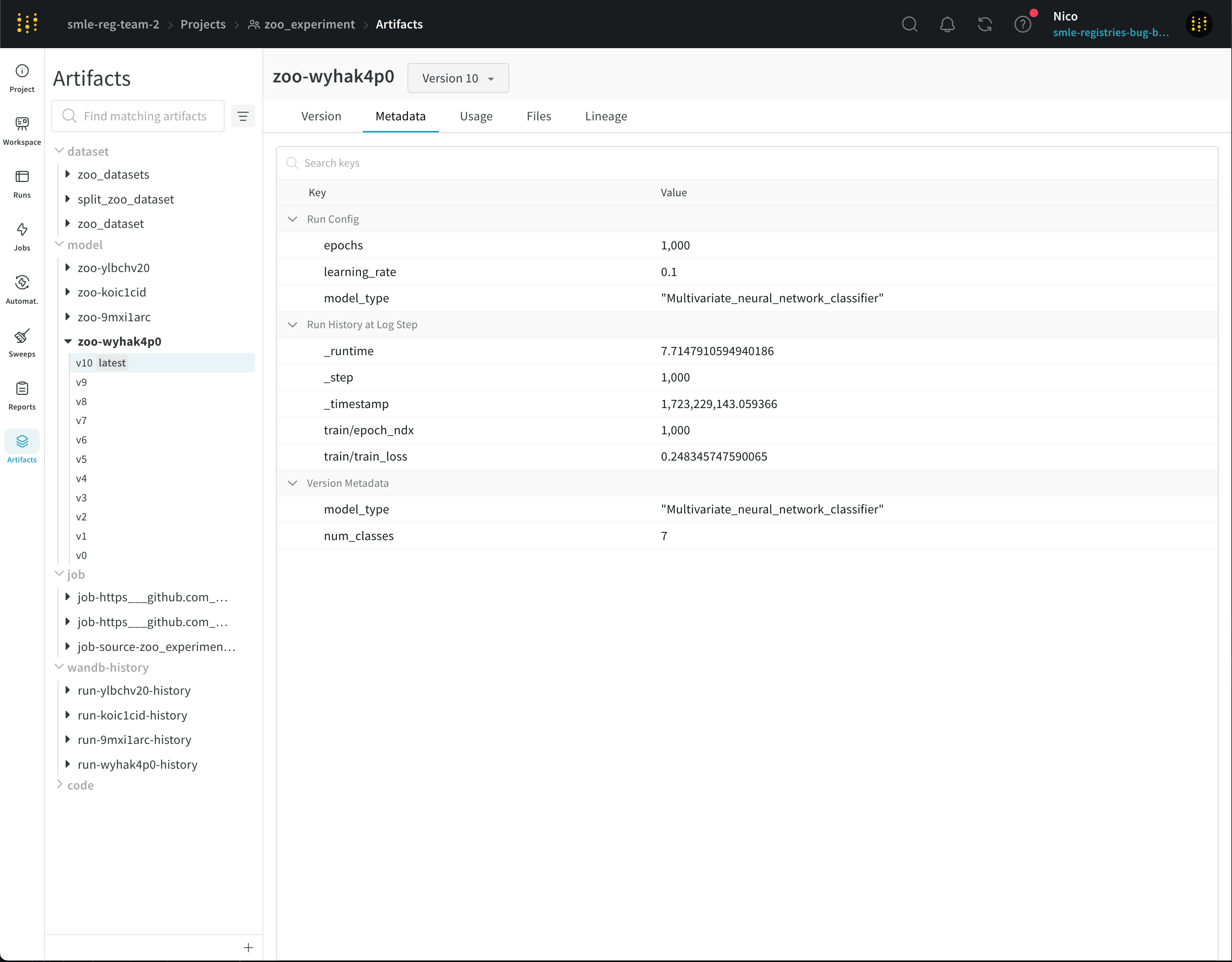 Artifact metadata panel