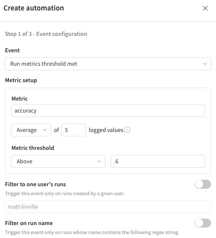 Screenshot showing a run metrics threshold automation