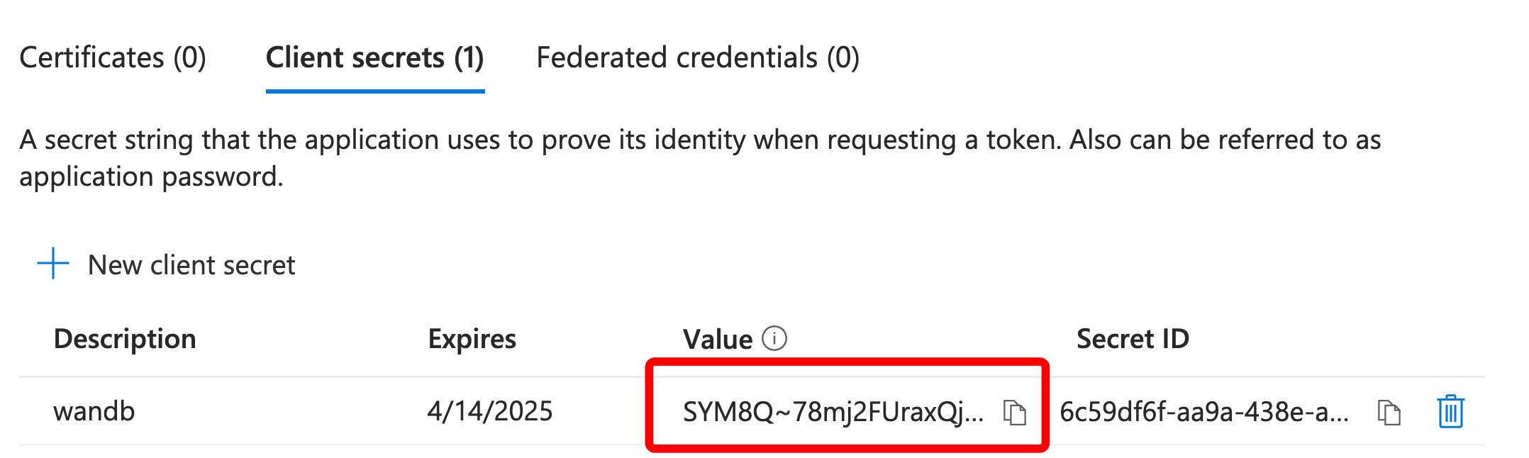 Client secret value