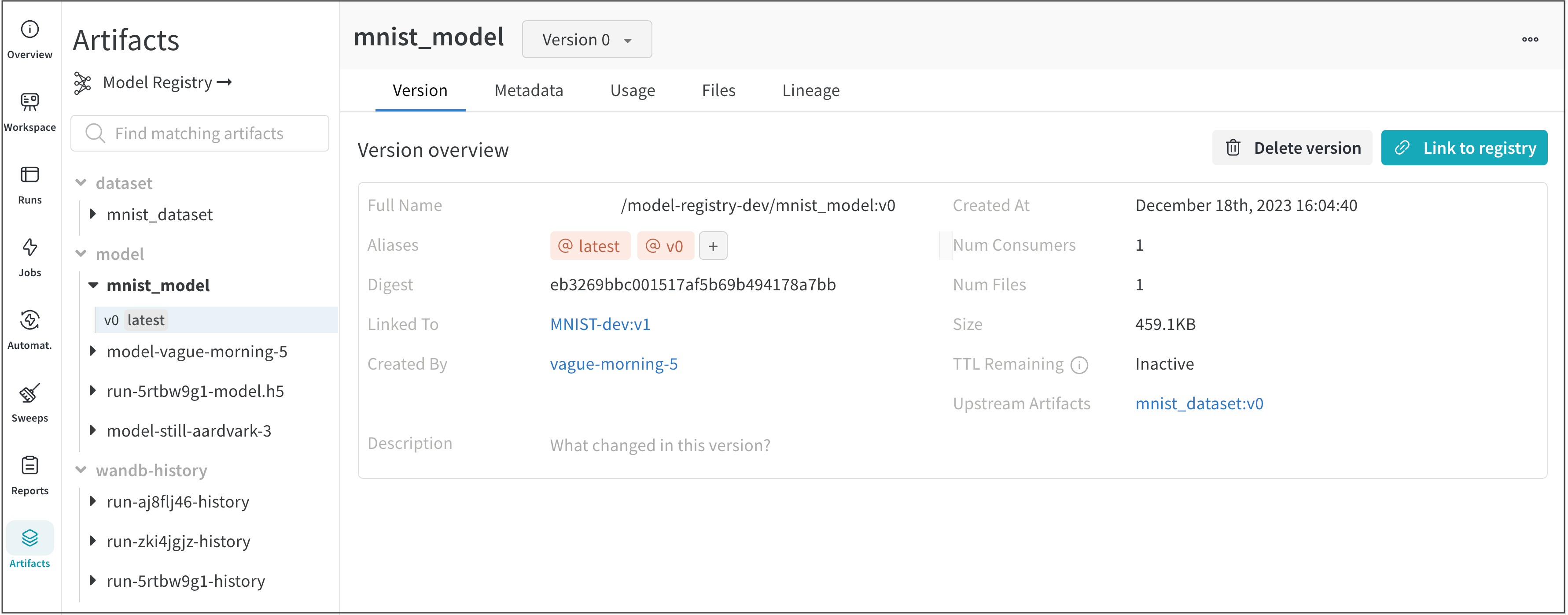 Model artifacts browser