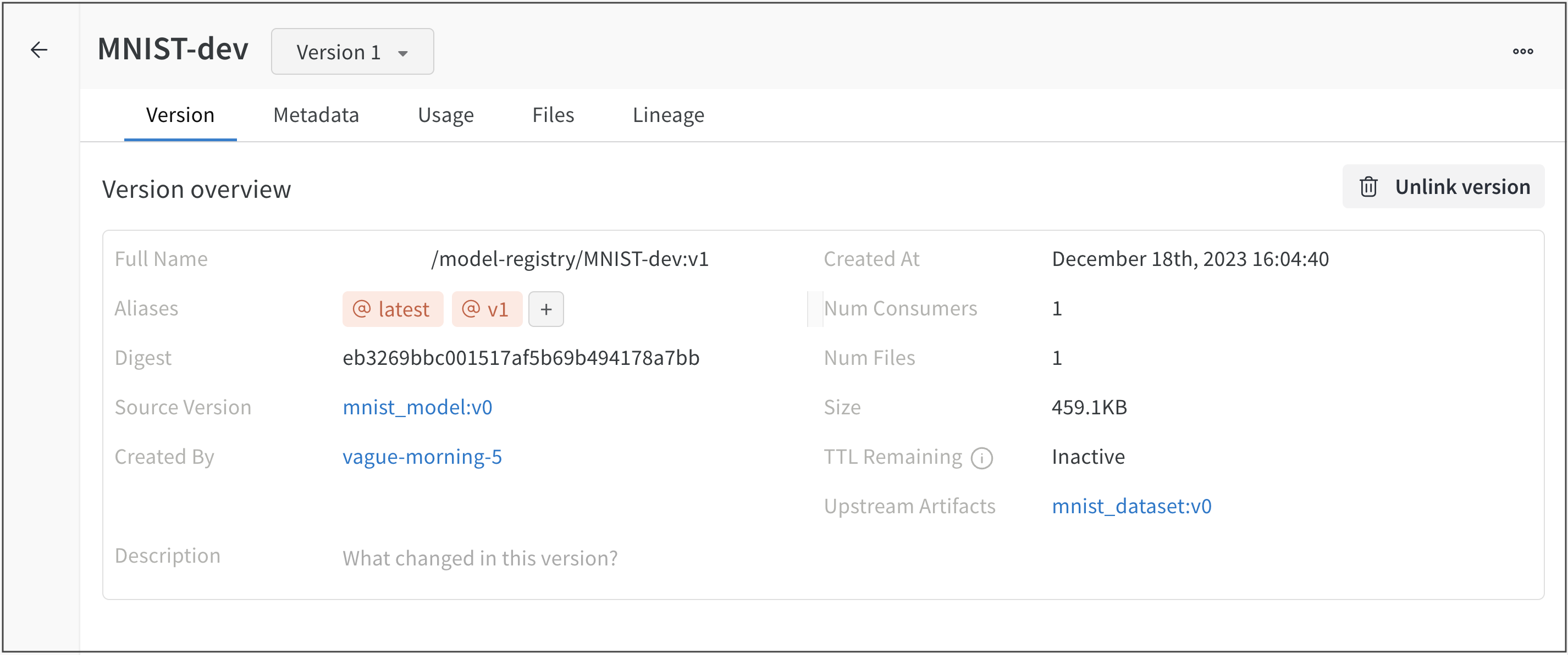 Linked model in registry