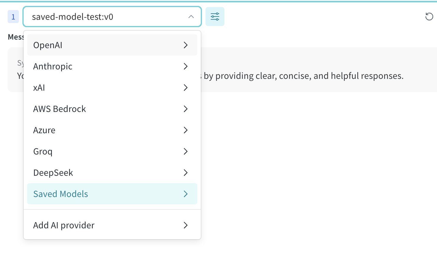 The LLM dropdown, with Saved Models selected