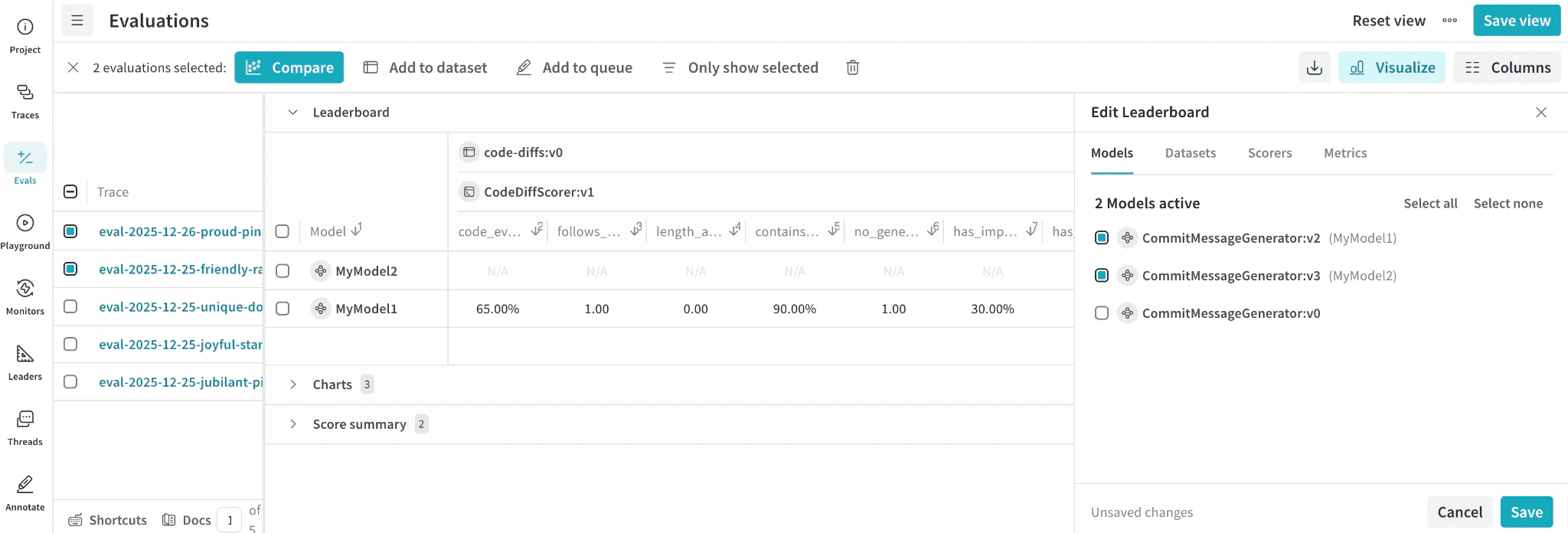 右側に Edit Leaderboard パネルが開いており、Leaderboard の設定に使用する Models、Datasets、Scorers、Metrics のタブが表示されている Evaluations ページ。