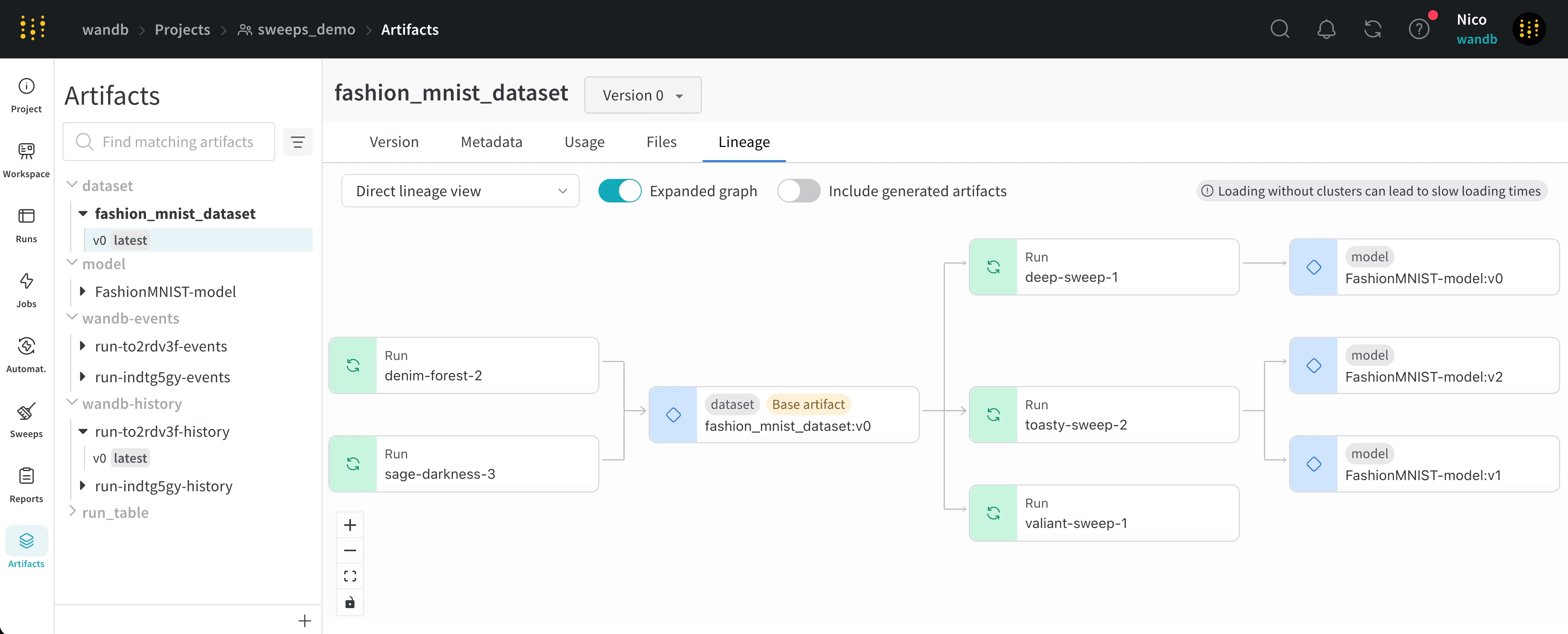 Run and artifact nodes