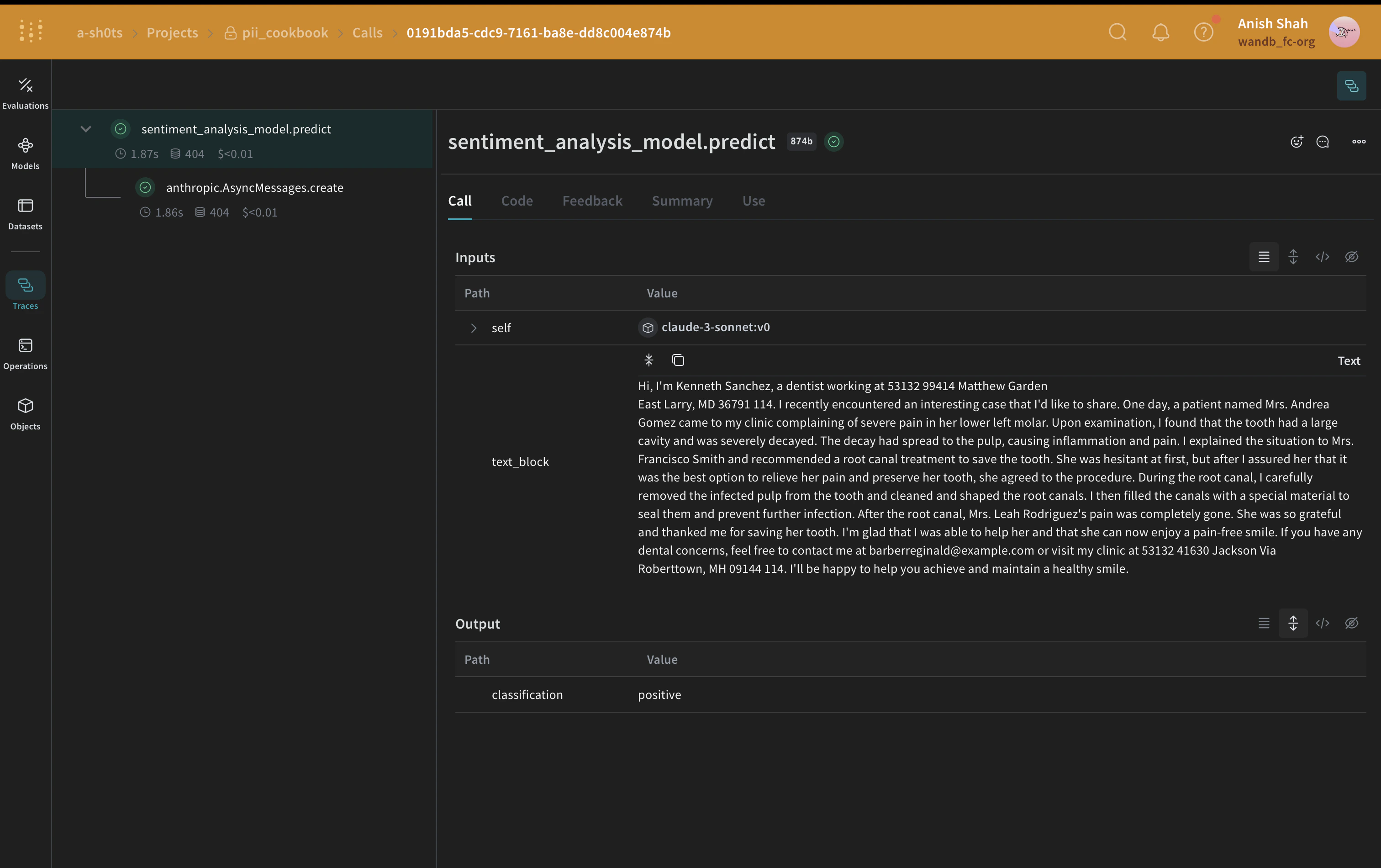 Faker and Presidio PII replacement process with original text, identified PII, and anonymized replacement values