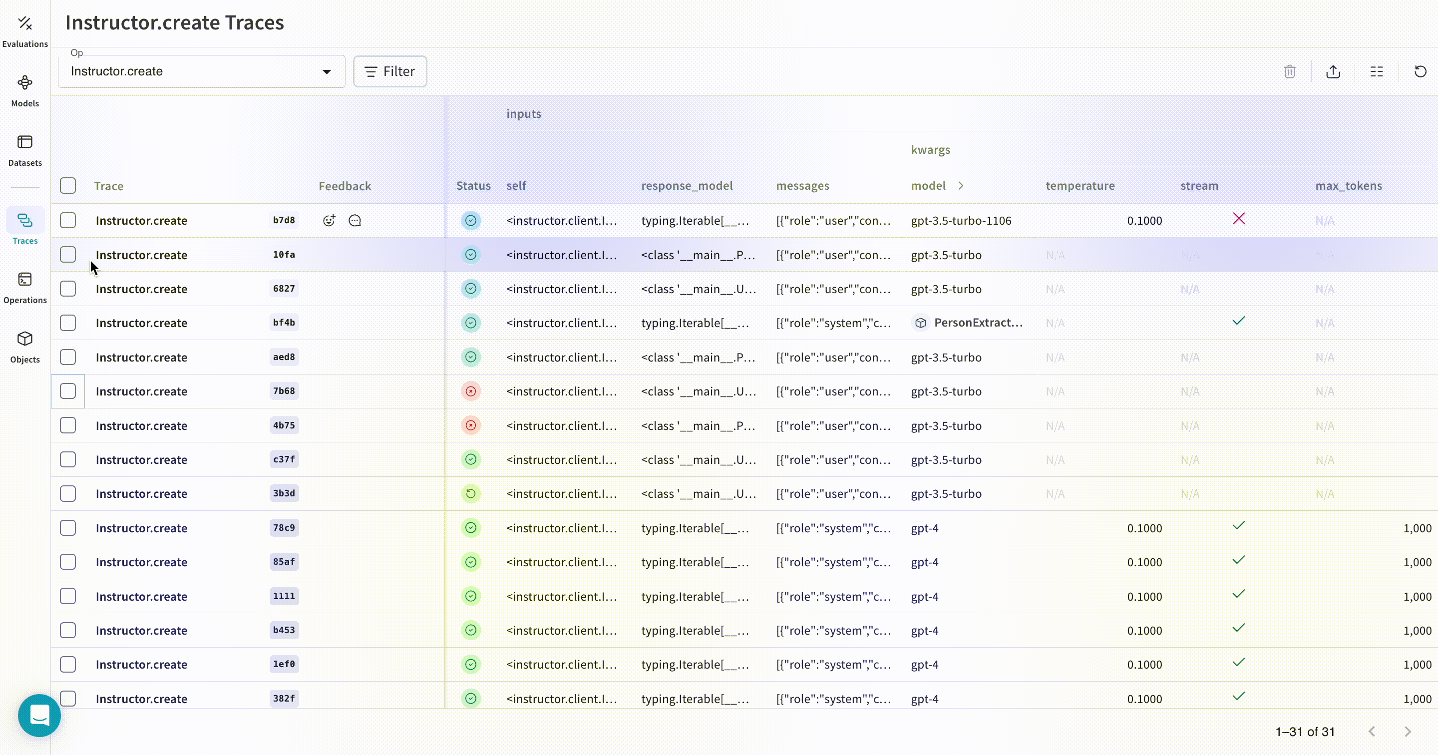 Instructor LM trace in Weave with structured output extraction workflow