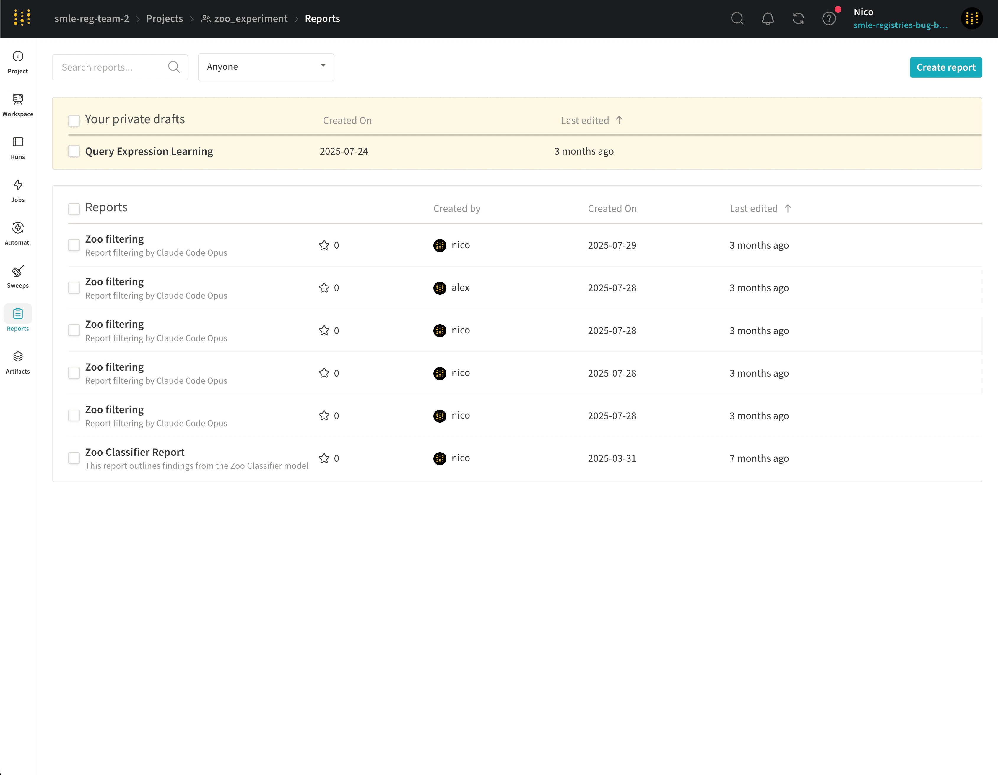 Reports tab