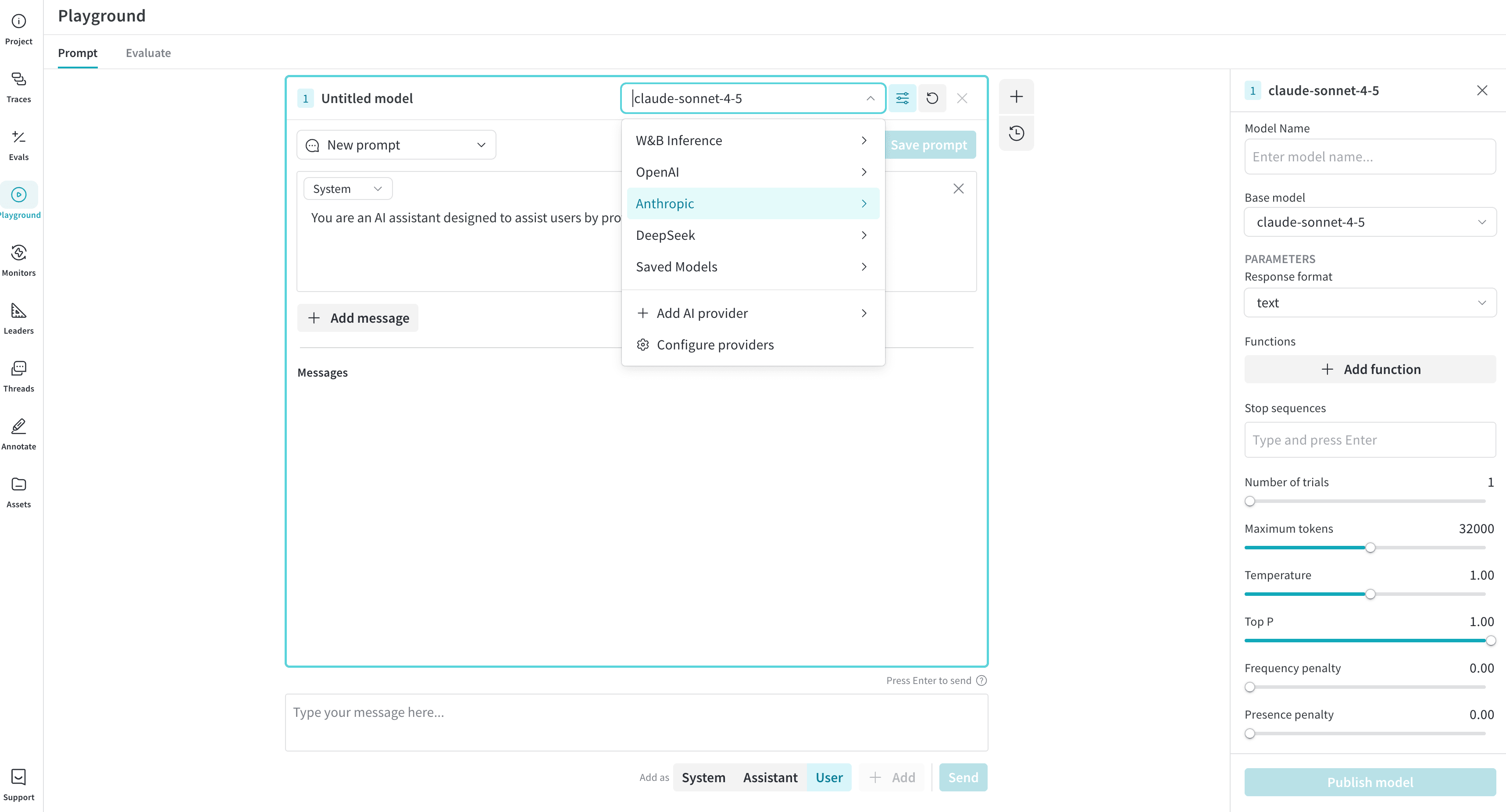 The Weave Playground showing the 'Select a model' dropdown open and the Chat settings panel open on the right.