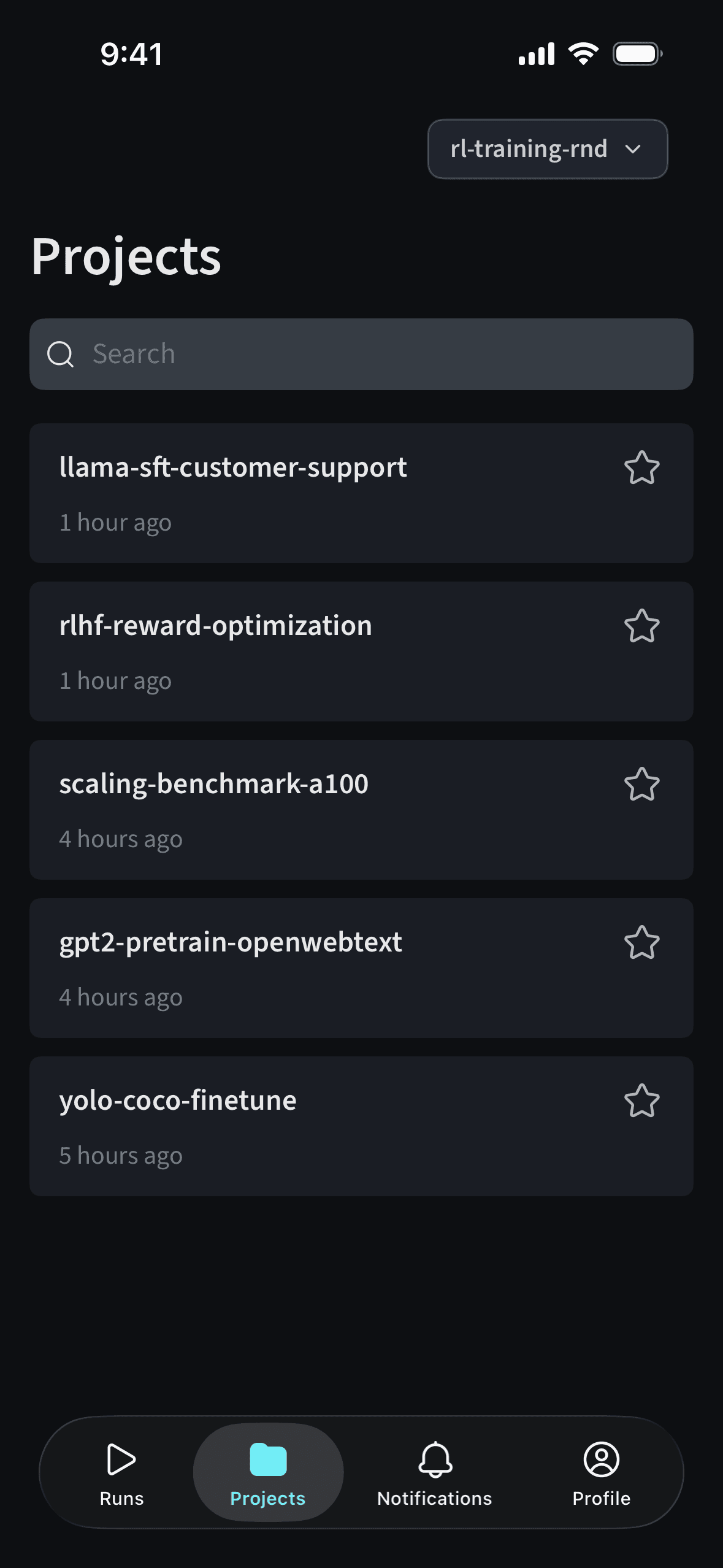 W&B mobile app projects view