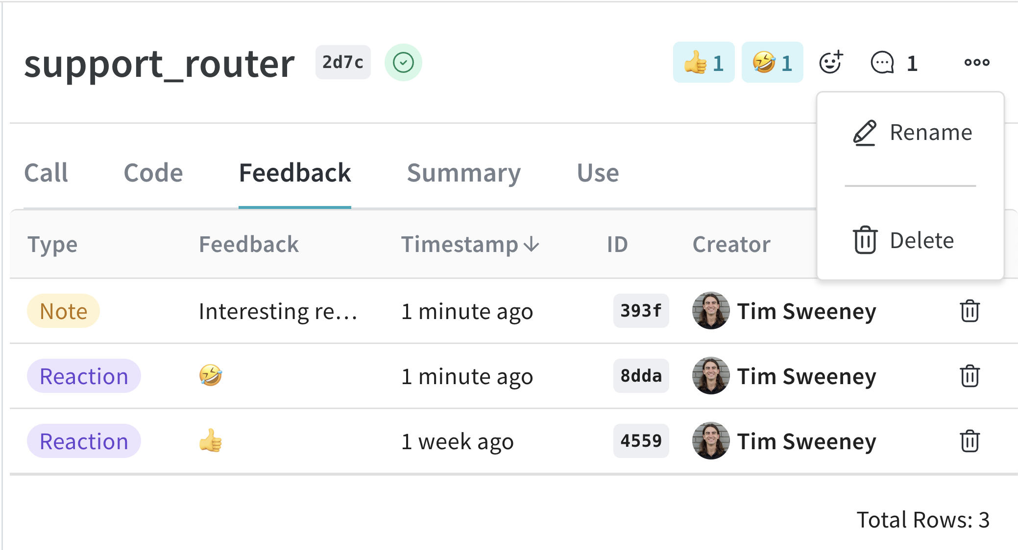 Weave Traces page excerpt of a selected Call details panel showing how you can rename or delete a Call
