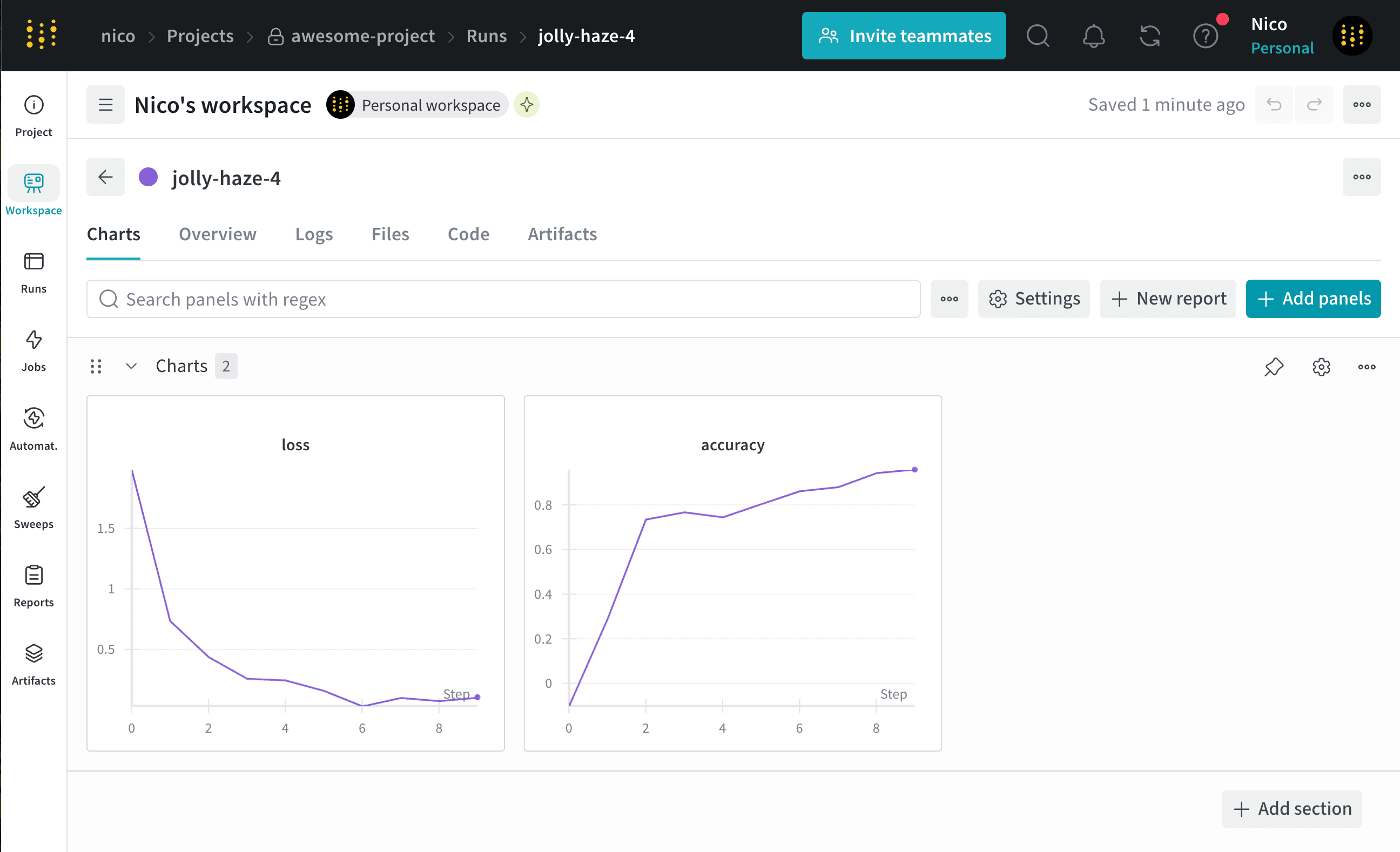 Training run with logged metrics