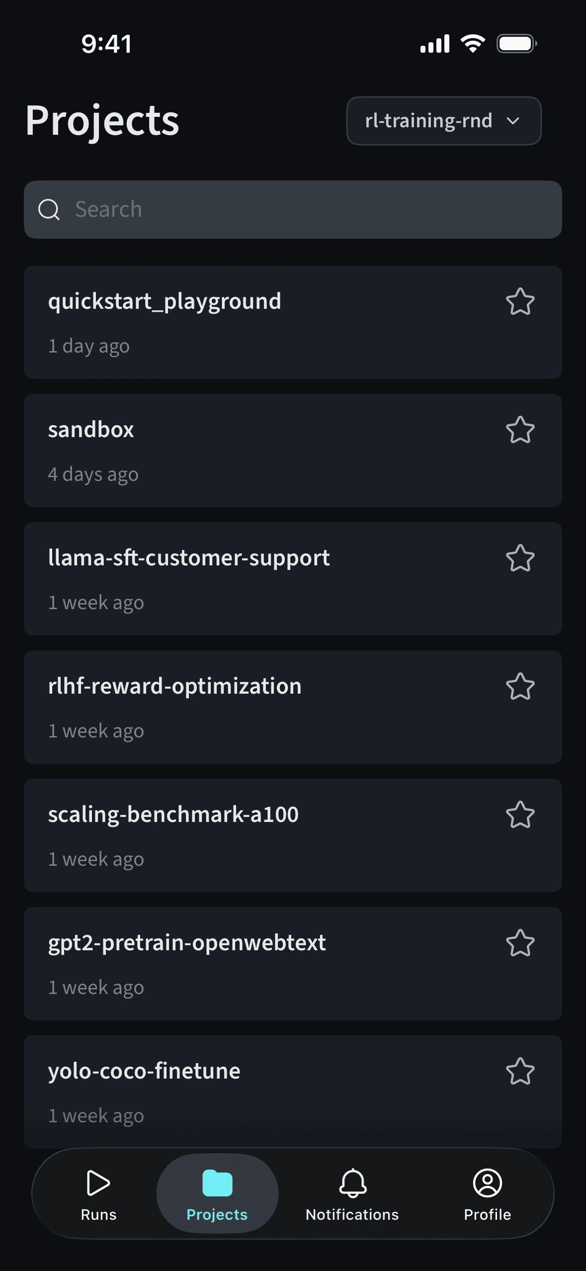 W&B mobile app Projects list and team picker