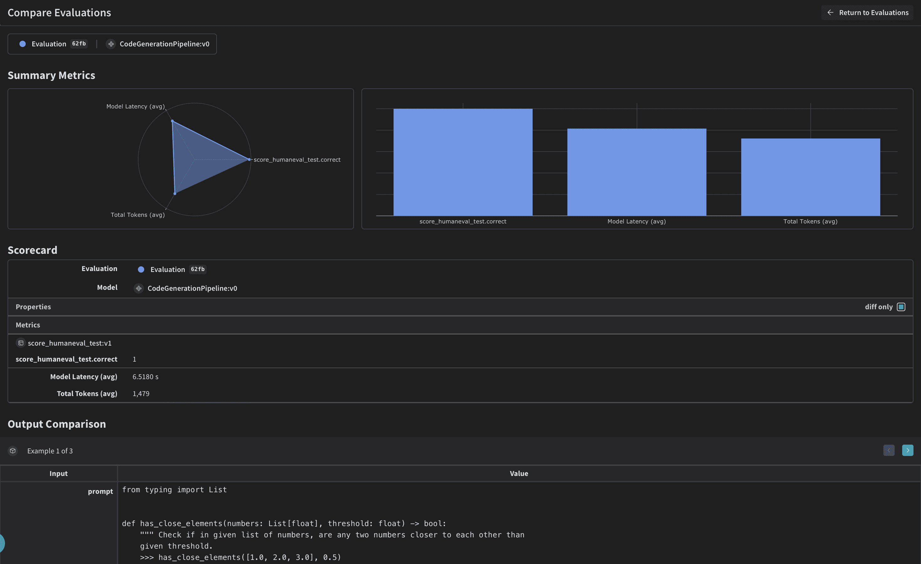 Weave evaluation dashboard comparing code generation runs