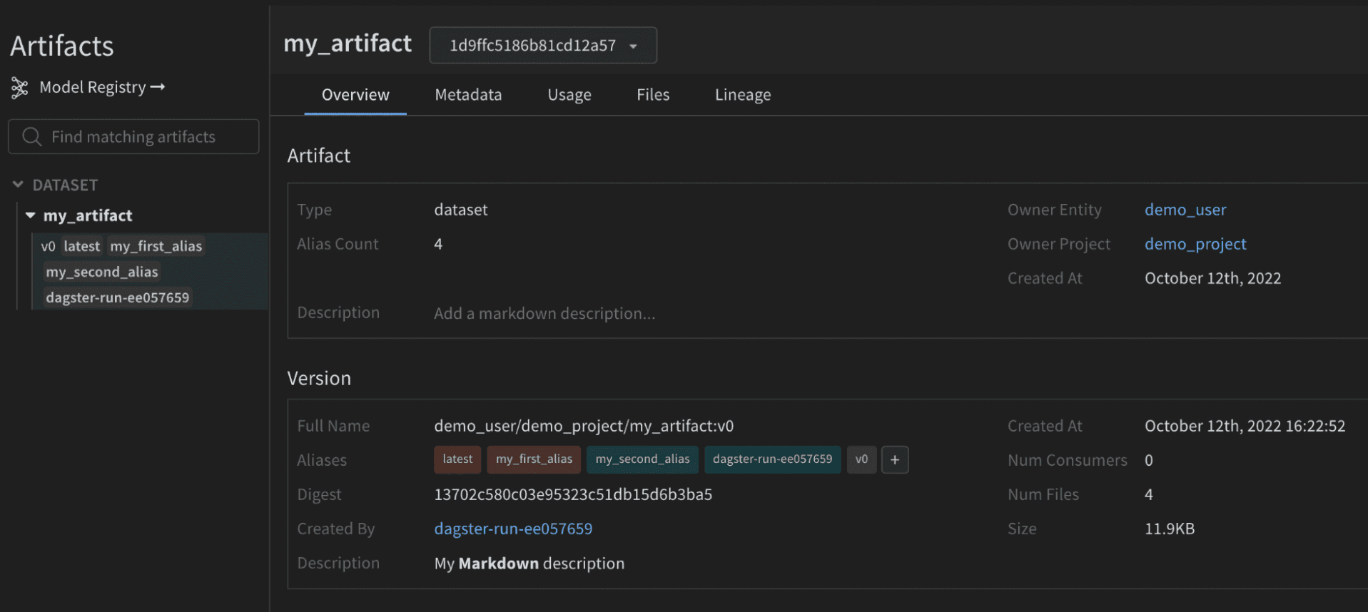 W&B Artifact page with enriched configuration metadata from Dagster
