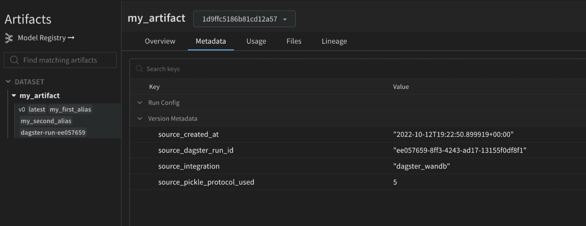 W&B Artifact metadata panel with additional configuration details from Dagster