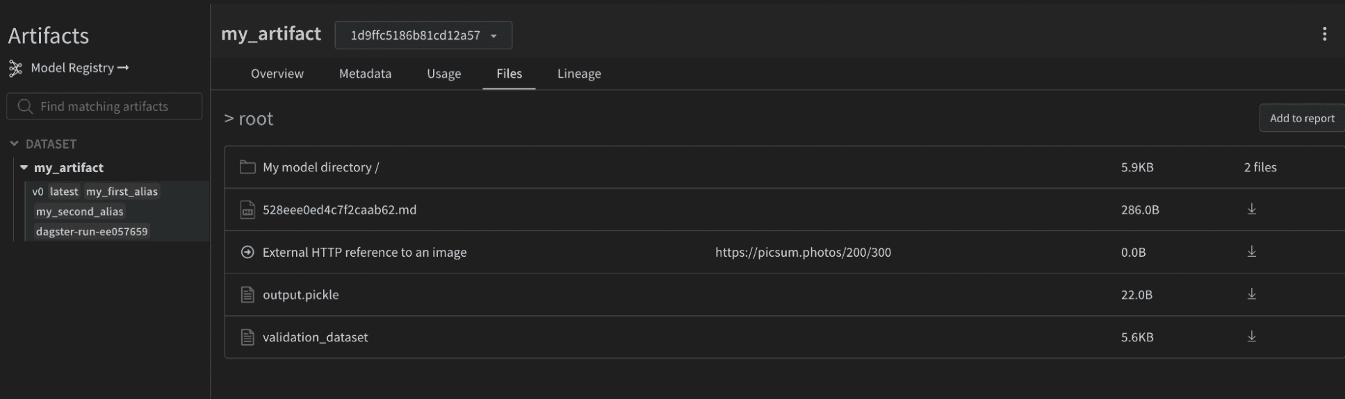 W&B Artifact view with further enriched configuration metadata fields from Dagster