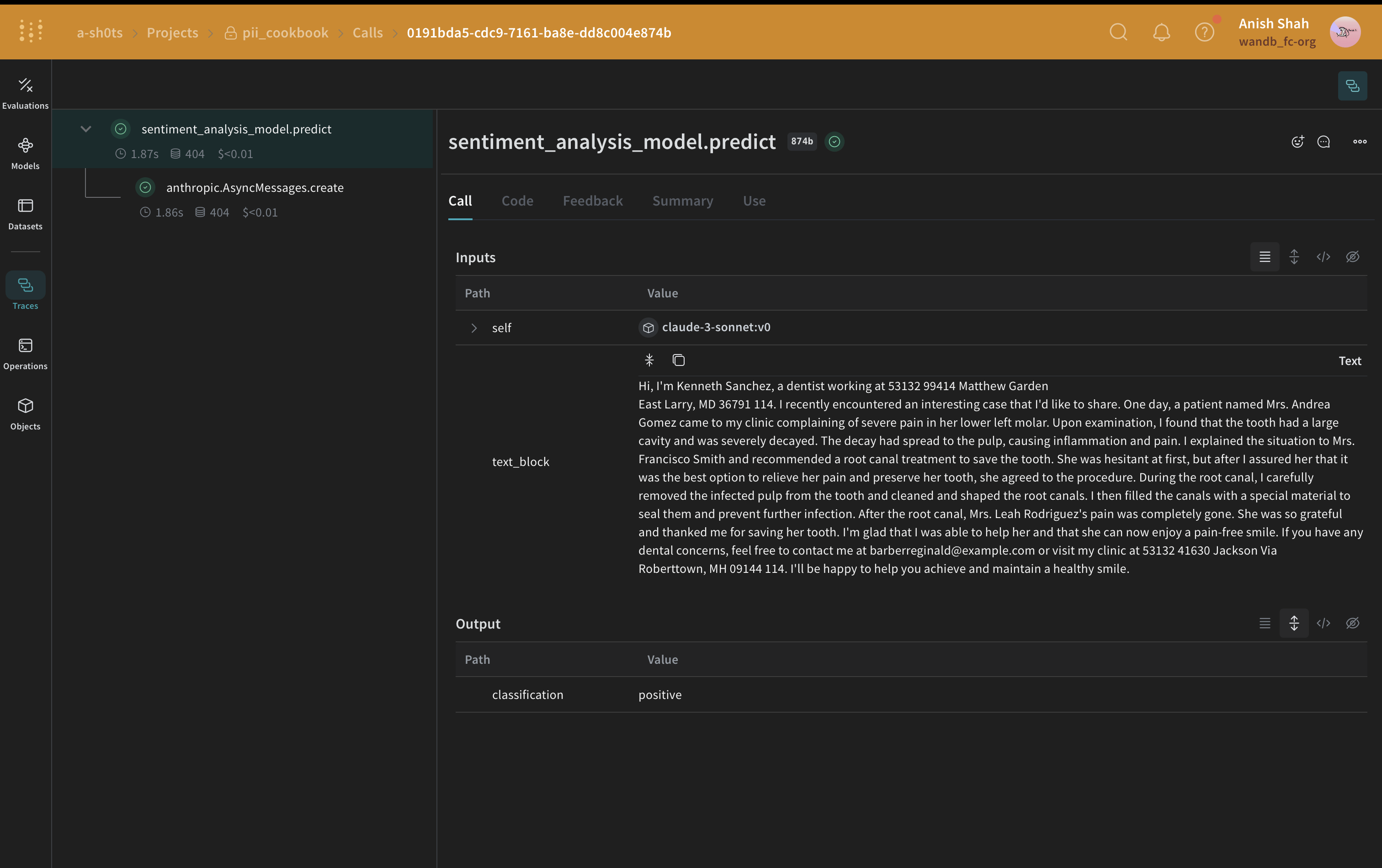 Faker and Presidio PII replacement process with original text, identified PII, and anonymized replacement values