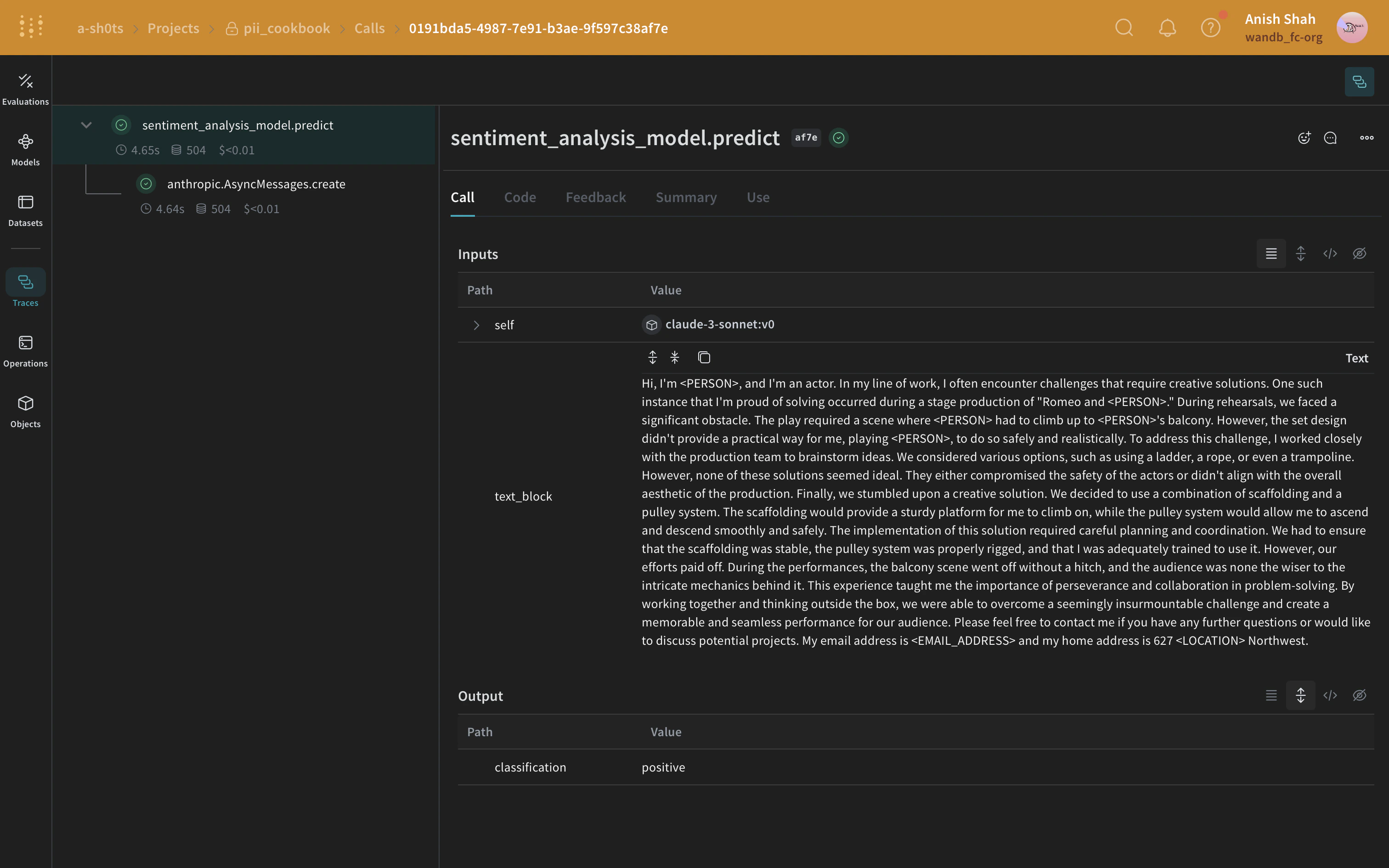 Presidio PII redaction process with identified PII entities and redacted text output