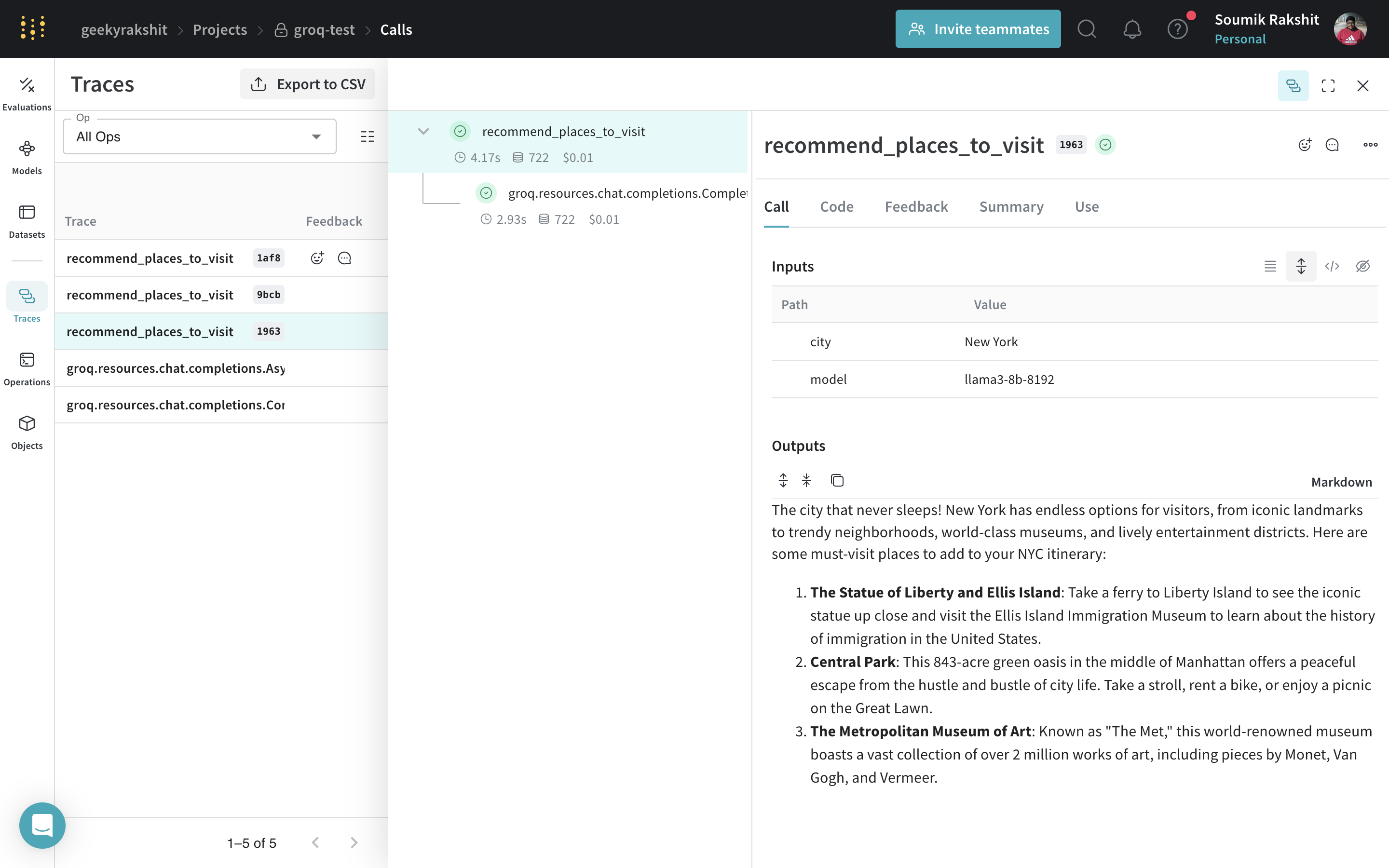 Groq Weave tracing interface with op decoration and function call hierarchy and trace details