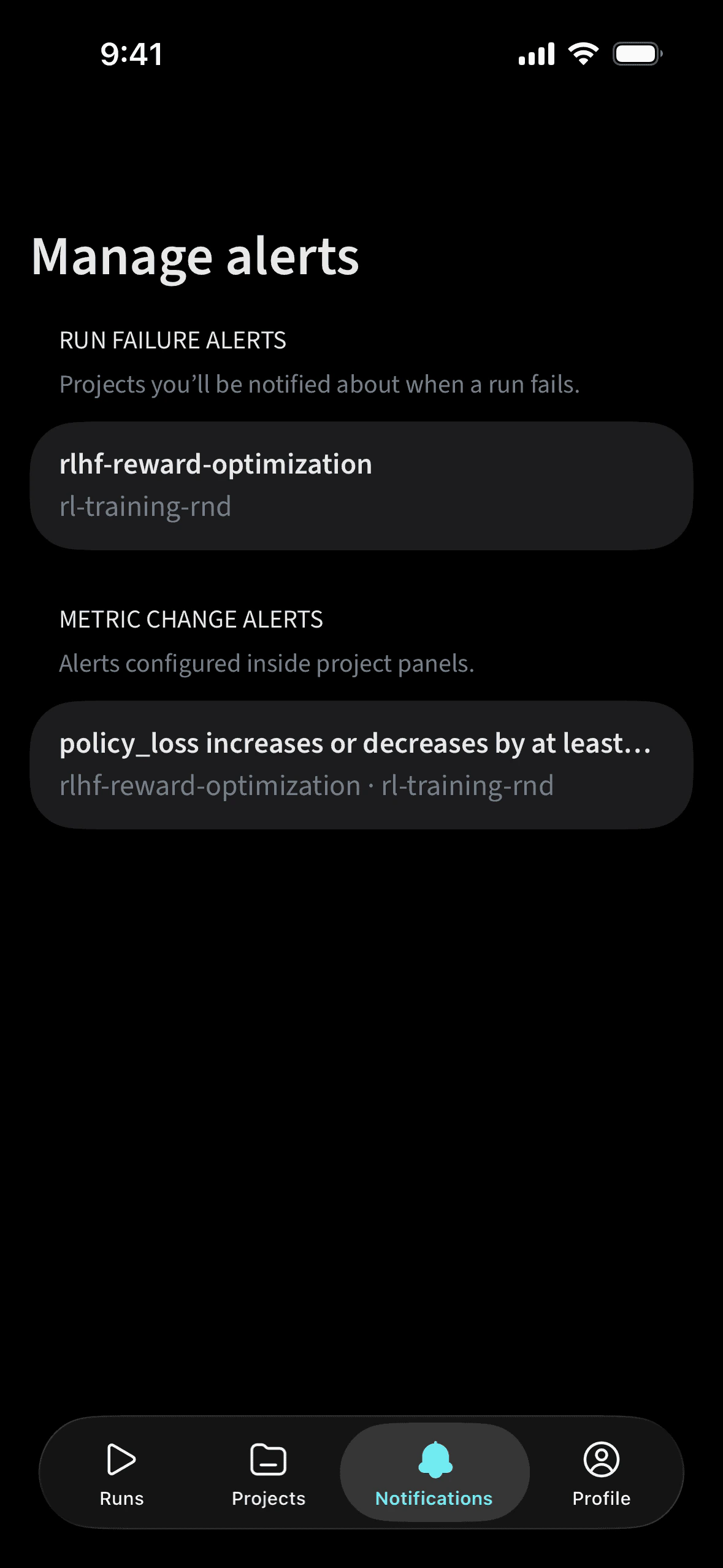 W&B mobile app run detail view