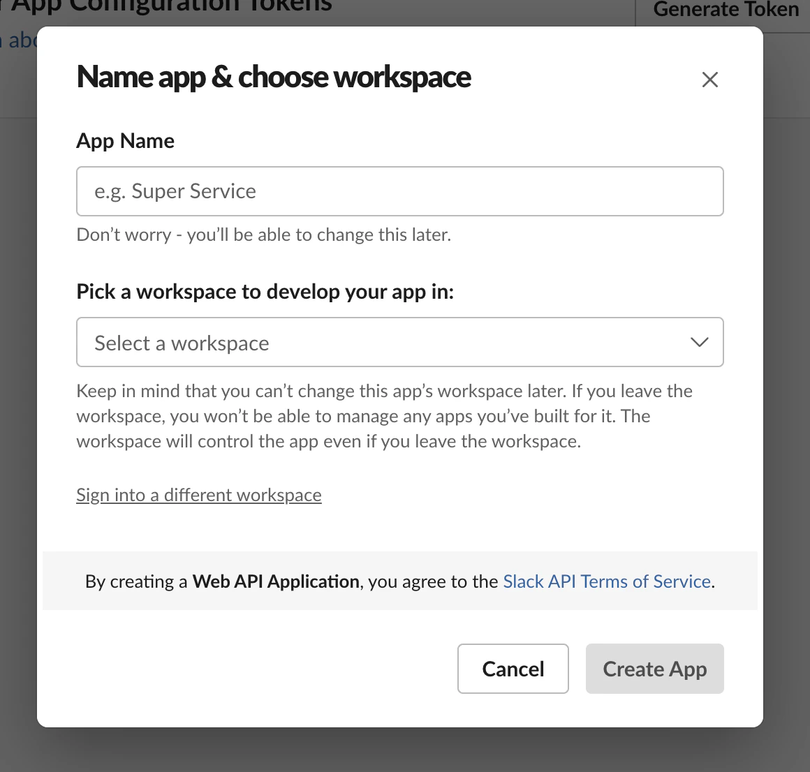 App name and workspace selection
