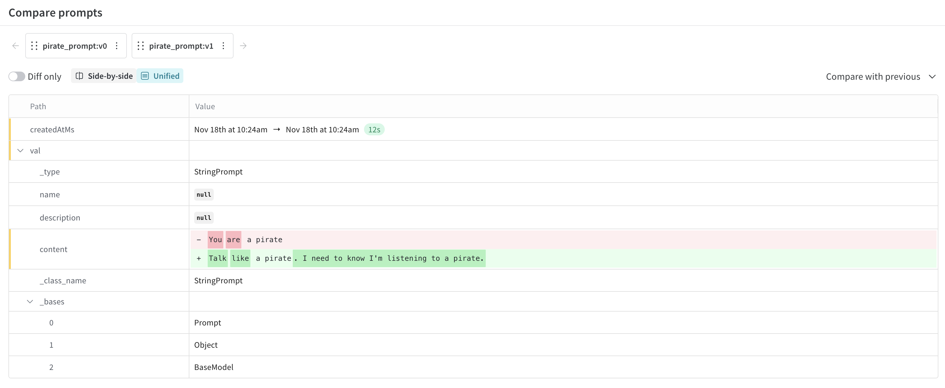 The Compare prompts UI showing a diff between two different prompt versions.
