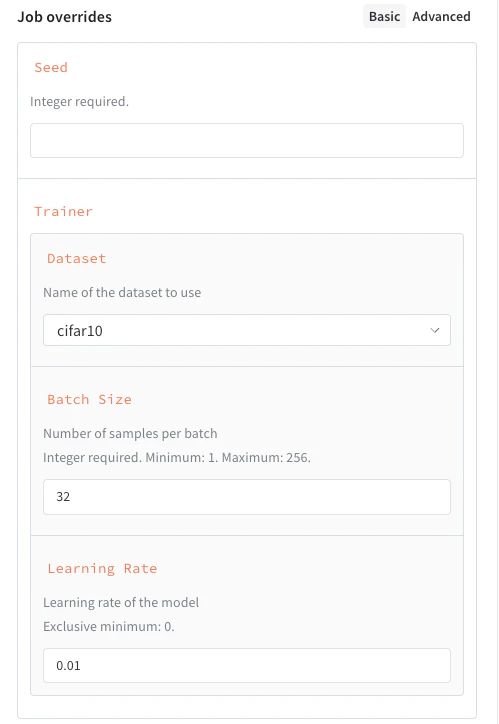Job input schema form