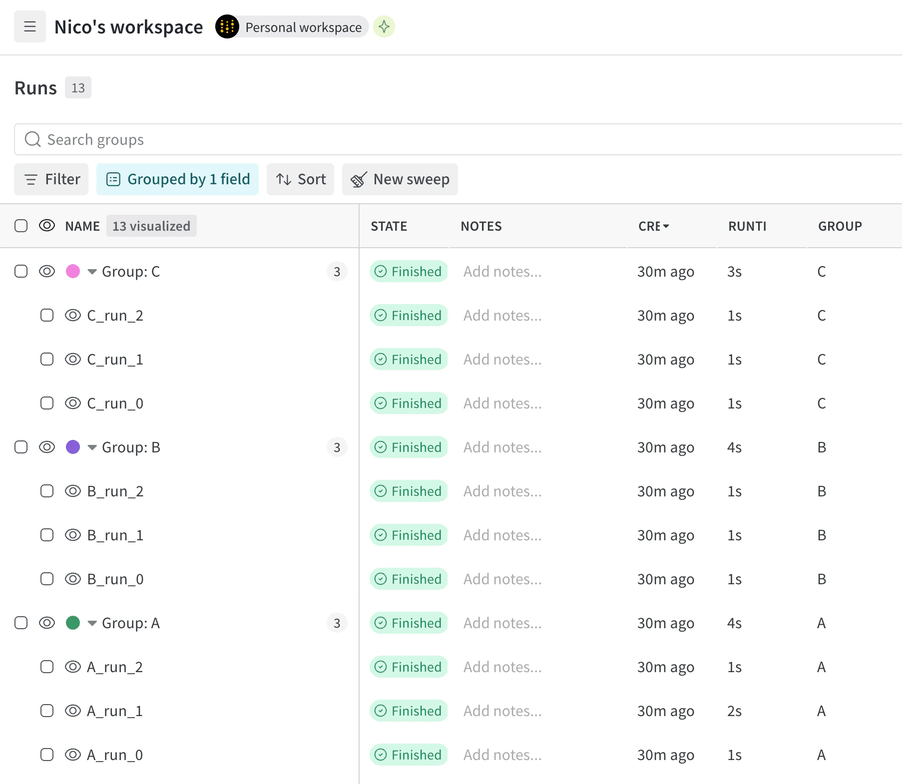 Runs table grouped by group name