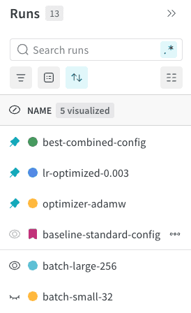 ベースライン run とピン留めした run が表示された Runs table