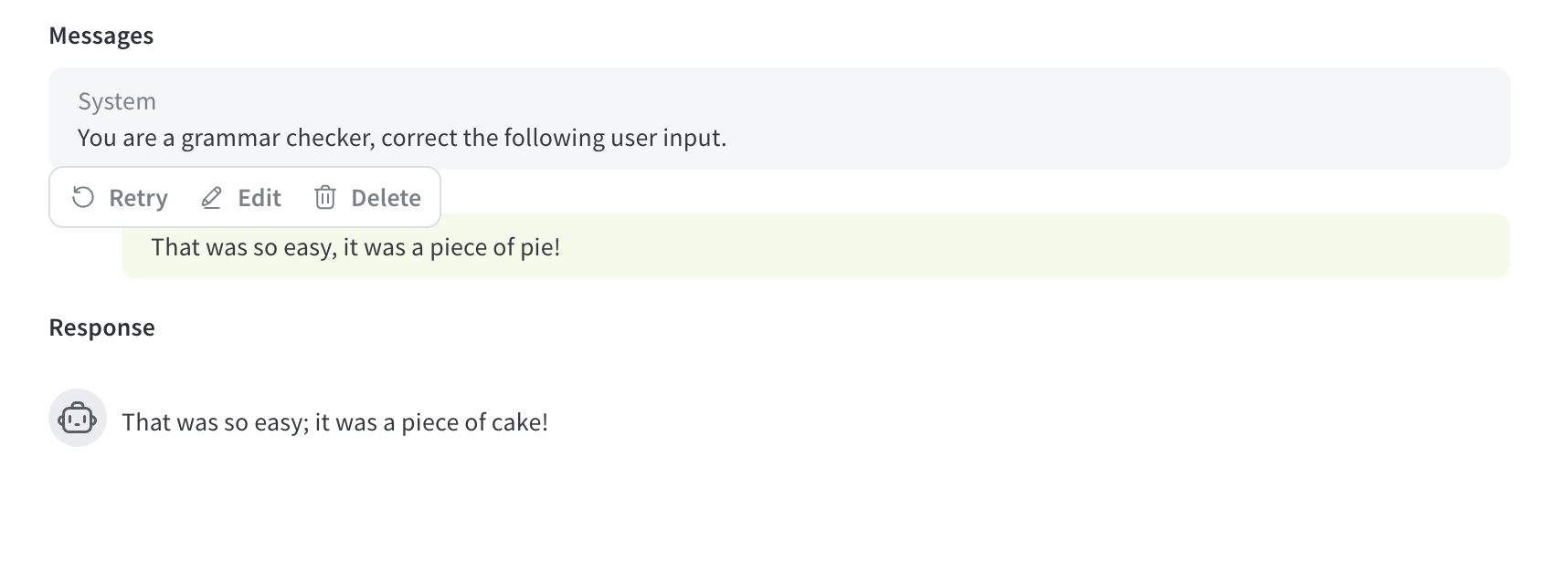Screenshot of Playground message buttons