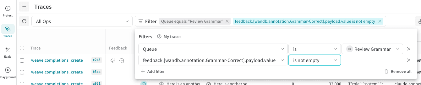 Tableau Traces configurant un filtre pour sélectionner les traces appartenant à une file d’attente d’annotation spécifique.